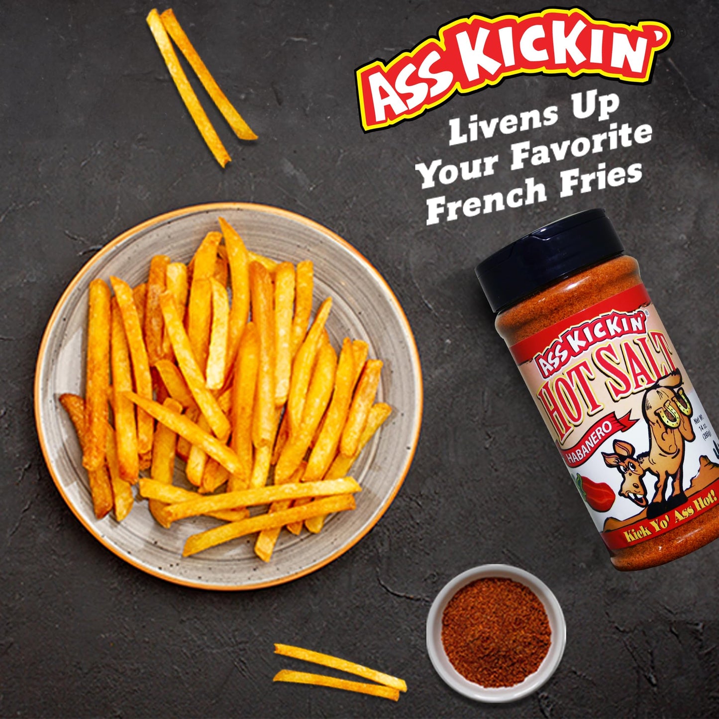 ASS KICKIN' Habanero Hot Spicy Salt - 14 oz. Shaker Jar - Perfect Flavored Salt for Popcorn Seasoning, Margarita Salt and French Fry Seasoning