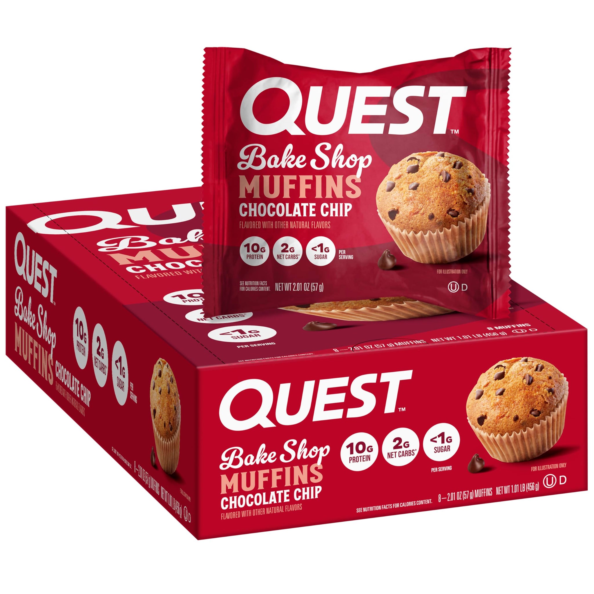 Quest Nutrition Chocolate Chip Muffin, 10g Protein, 2g Net Carb, Less than 1g Sugar, Protein Snack, 8 Count