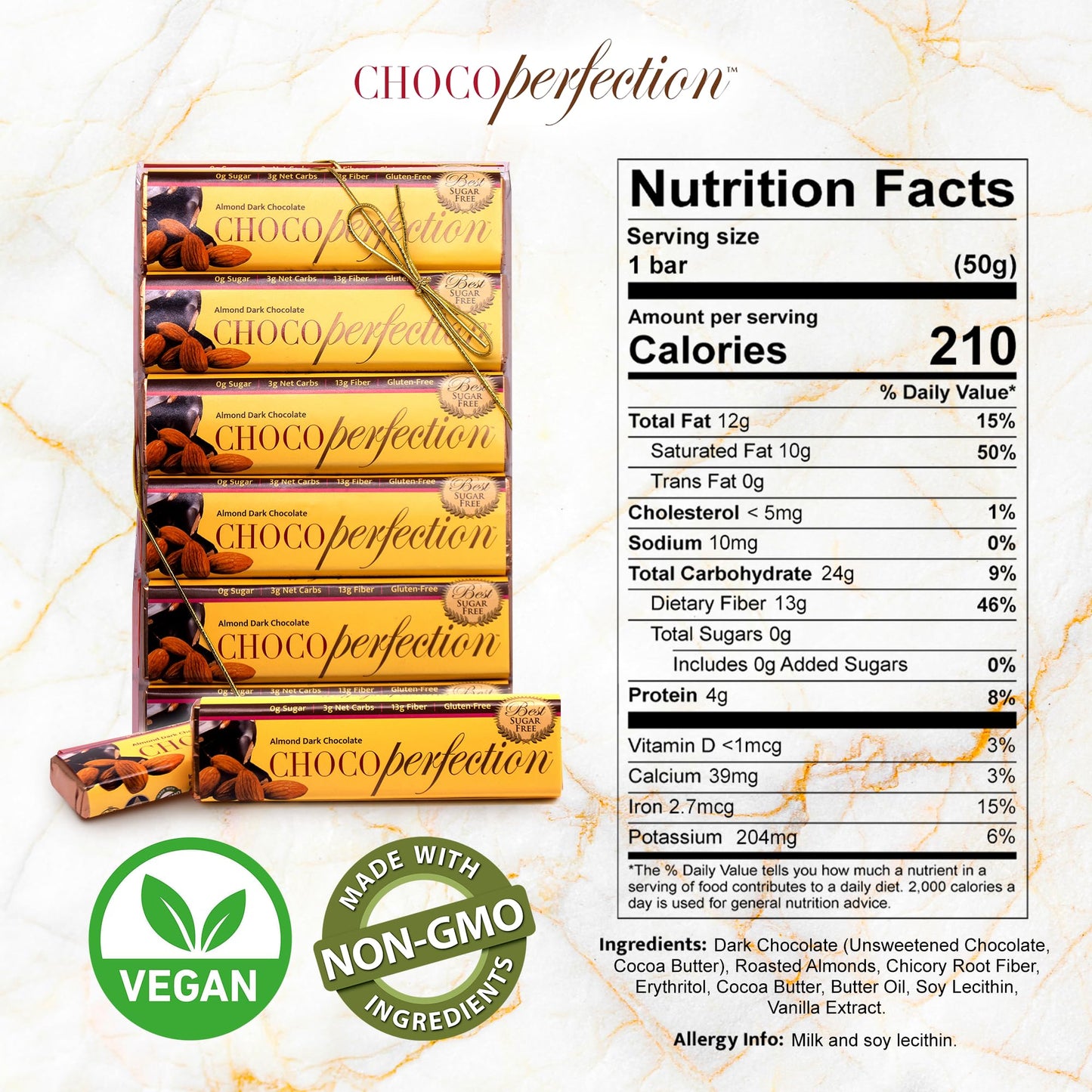 ChocoPerfection Dark Almond Sugar Free Chocolate Bars - Vegan Gift Box European Style Dark Chocolate Almonds, Keto Friendly Gluten Free Snacks