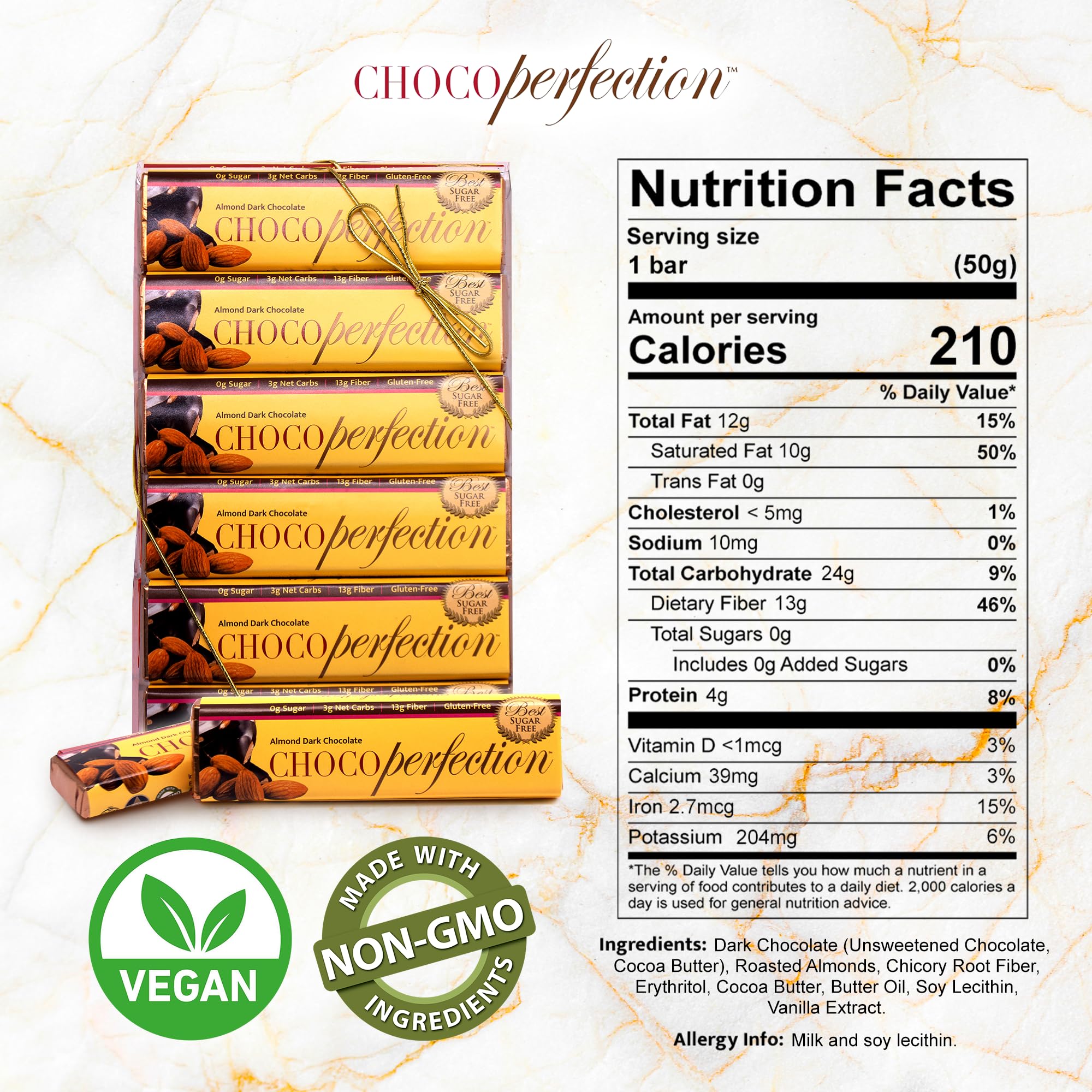 ChocoPerfection Dark Almond Sugar Free Chocolate Bars - Vegan Gift Box European Style Dark Chocolate Almonds, Keto Friendly Gluten Free Snacks