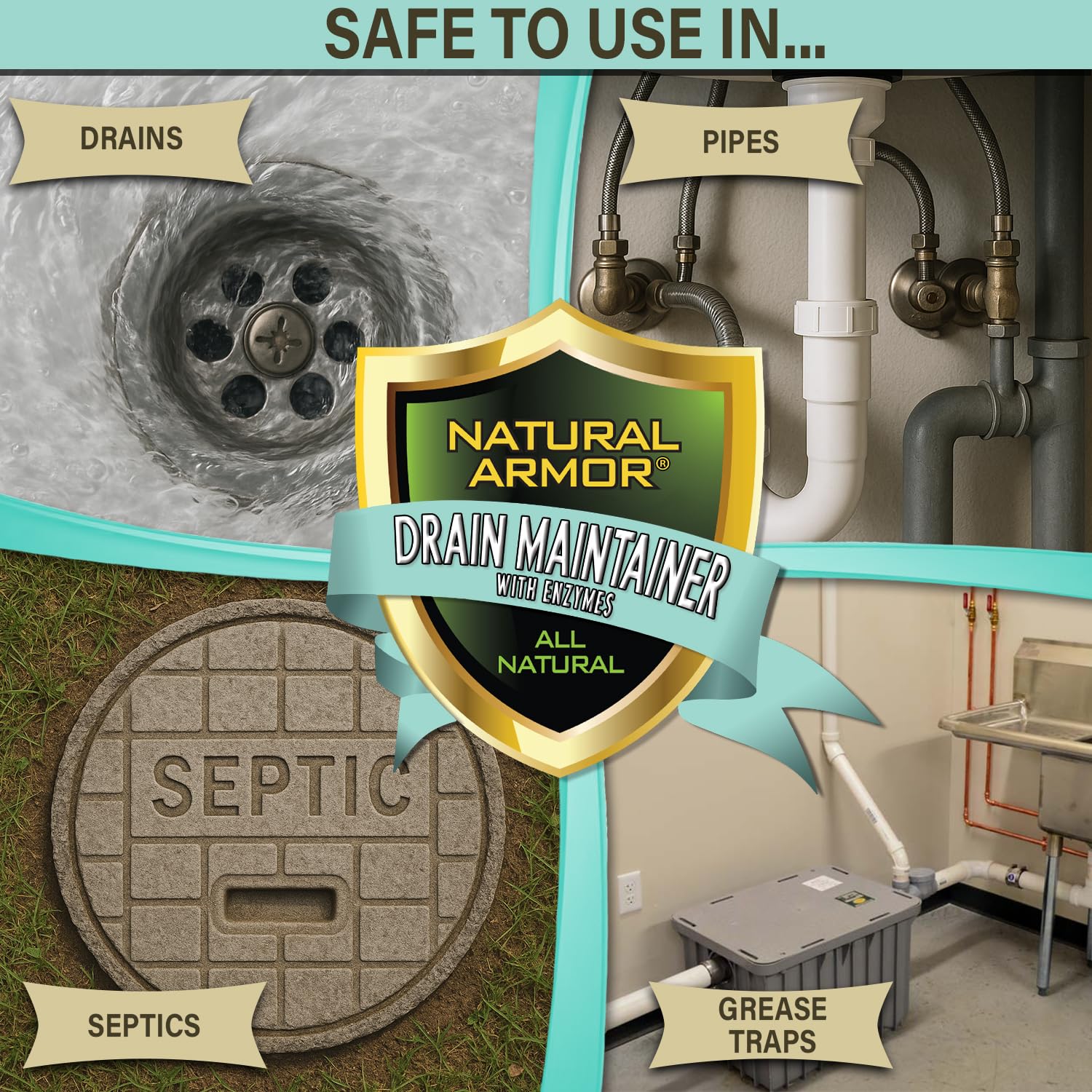 Natural Armor Enzyme Drain Maintainer - Quart Drain Cleaner with Natural Enzyme Power to Prevent Buildup & Odors - Safe for Sinks, Showers, Grease