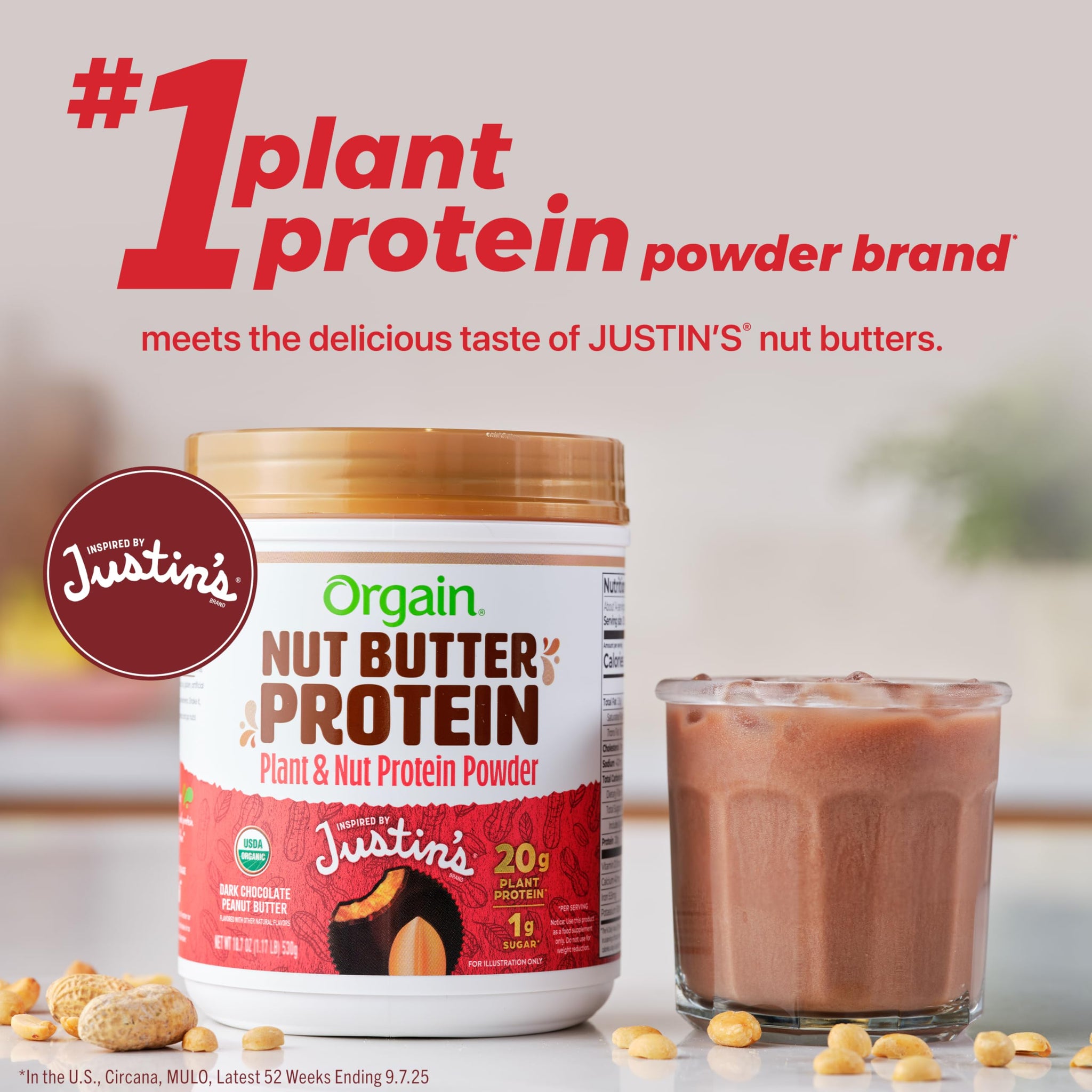 Orgain X Justin's ® Organic Vegan Nut Butter Protein Powder, Chocolate Peanut Butter- 20g Plant Protein, 1g Sugar, Gluten Free, No Dairy, Soy