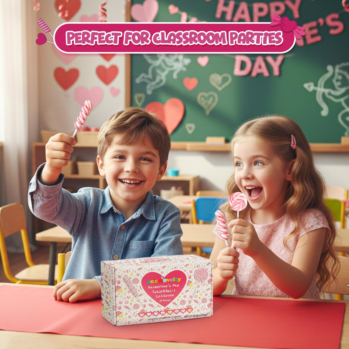 4E's Novelty Pink Swirl and Twist Lollipops (48 Pack) - Individually Wrapped Valentines Candy Bulk for Kids Classroom Exchange Gifts Candy, Suckers