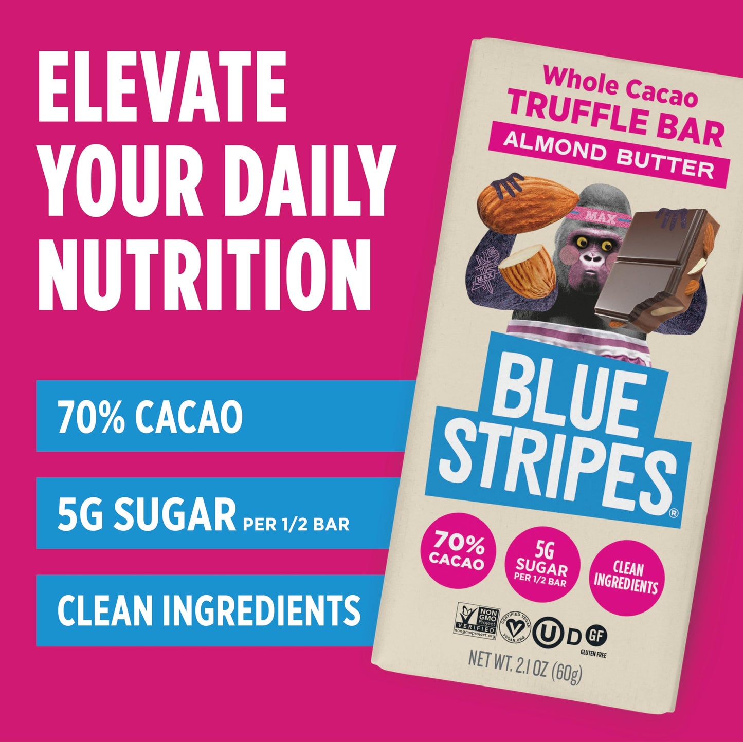 Blue Stripes - Almond Butter Whole Cacao Truffle Chocolate Bars, 70% Cacao, Almond Butter, Healthy Chocolate, Vegan, No Refined Sugar, Non GMO, Gluten