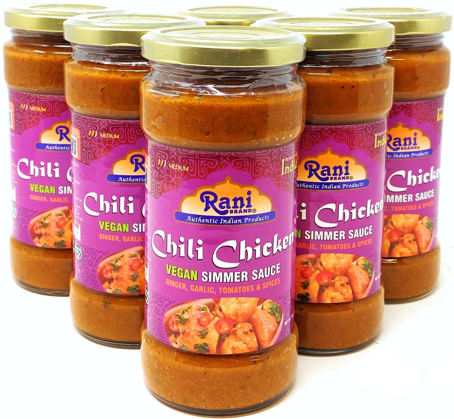 Rani Chili Chicken Vegan Simmer Sauce (Ginger, Garlic, Tomatoes & Spices) 14oz (400g) Glass Jar, Pack of 5+1FREE ~ Easy to Use | Vegan | No Colors |