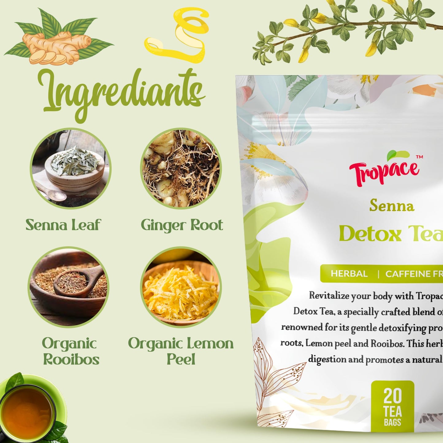 Tropace Senna Leaf Herbal Tea - Caffeine-Free, 20 Tea Bags Infused with Senna, Ginger, Rooibos & Lemon Peel - Rooted in Africa, Packed in USA, 1.8 oz