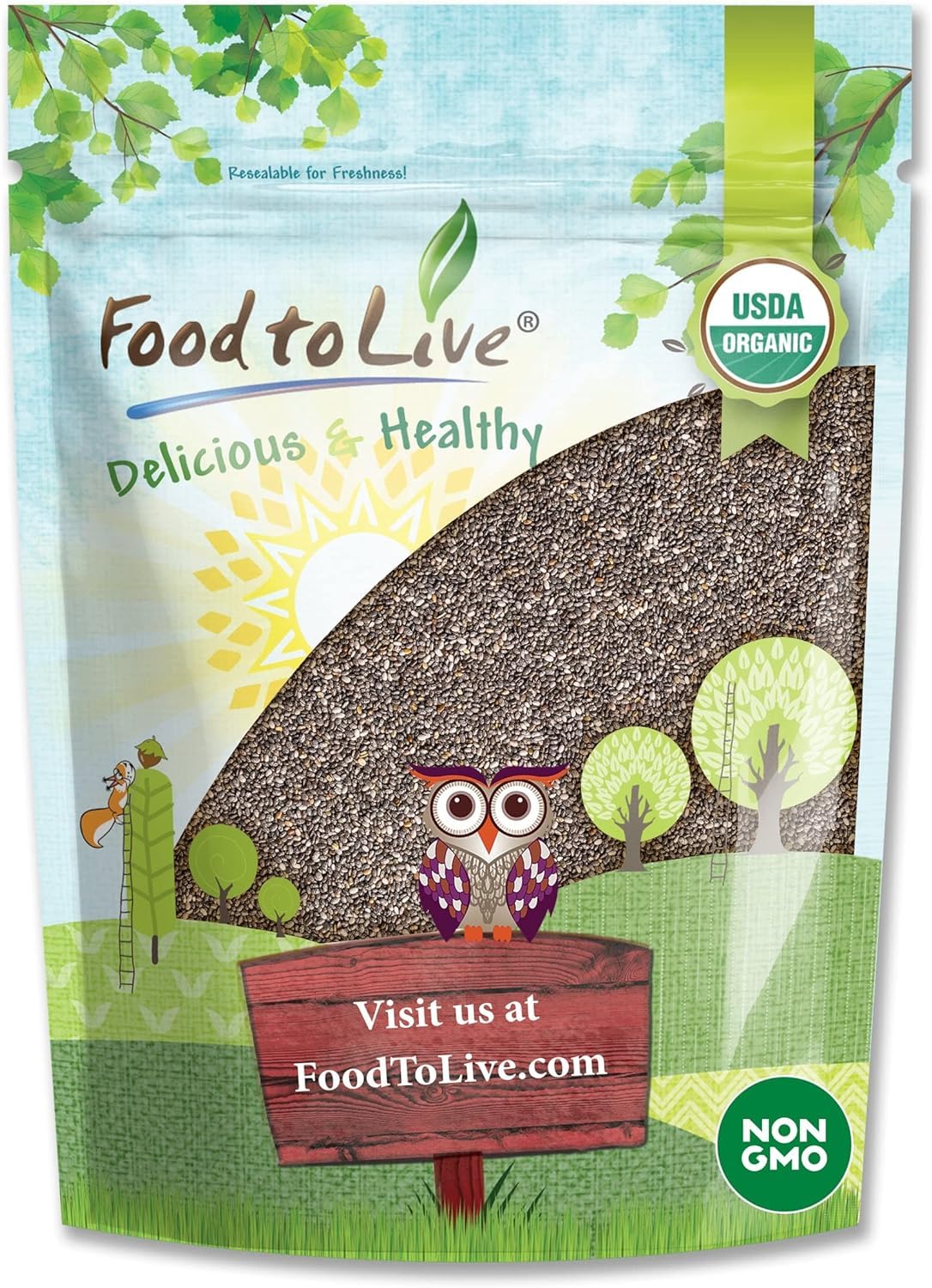 Food to Live - Organic Black Chia Seeds, 2 Pounds - Non-GMO, Whole, Sproutable, Vegan, Kosher, Keto, Sirtfood, Bulk