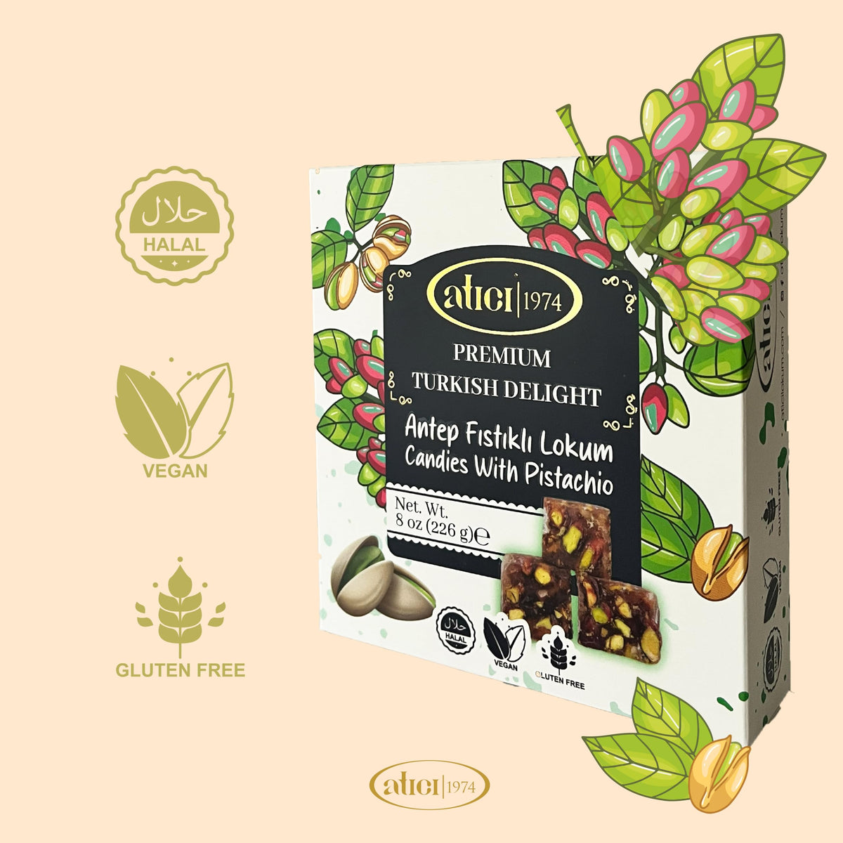 Atici Lokum Authentic Turkish Delight 8oz - Gourmet Vegan Sweets, Gluten-Free, Halal Soft Chewy Candy Gift Box | Traditional Premium Lokum Loukoumi