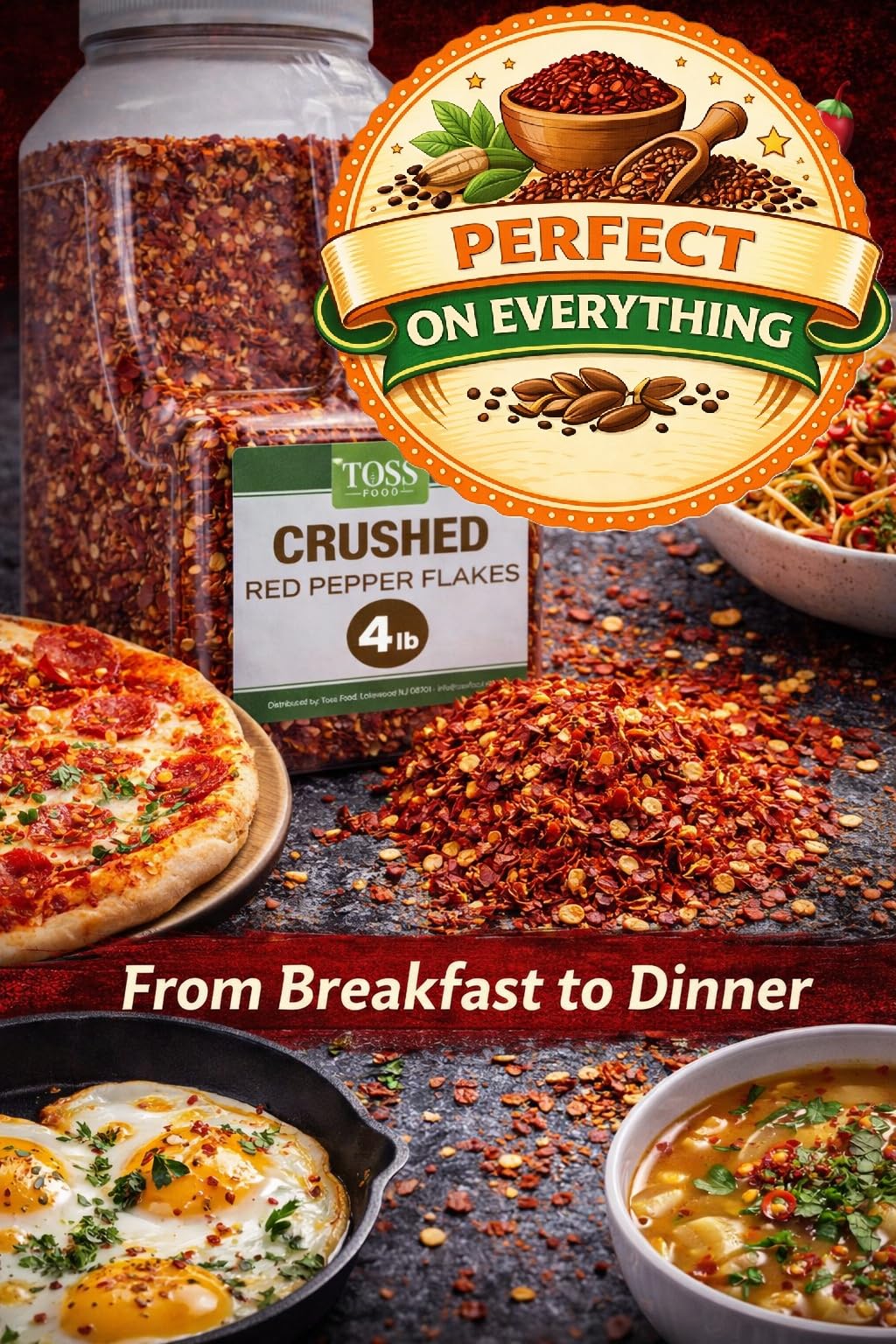 TOSS Crushed Red Pepper Flakes, Red Chili Bulk Spice 4 LB Container, Hot Pepper Flakes For Pizza Seasoning, Great for Chowder, Seafood, Pasta