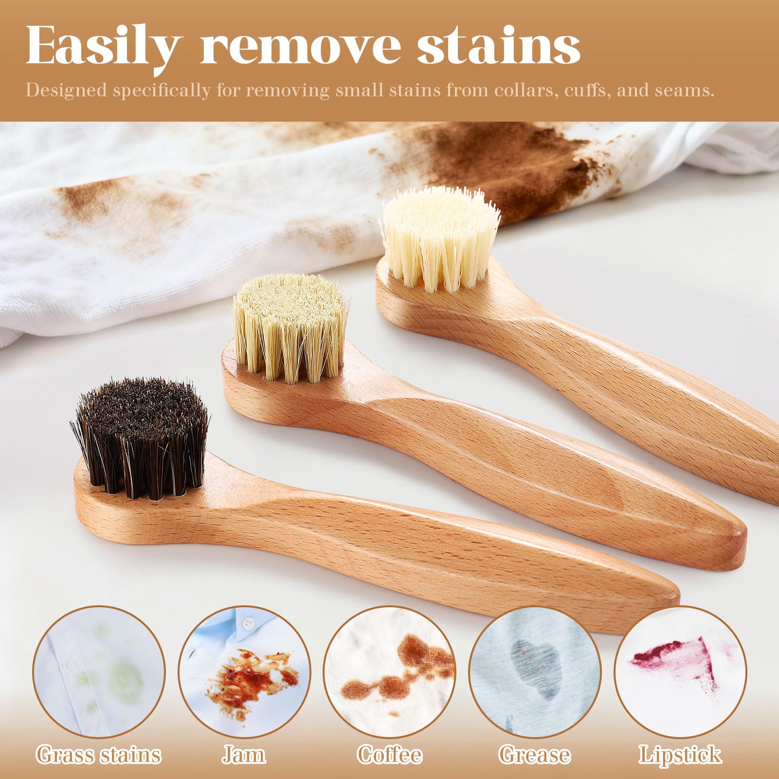 3 Pcs Wooden Laundry Stain Brush Stain Remover Dauber Brushes with Round Head Boar Bristle Small Stain Brush for Clothes for Scrubbing Stains from