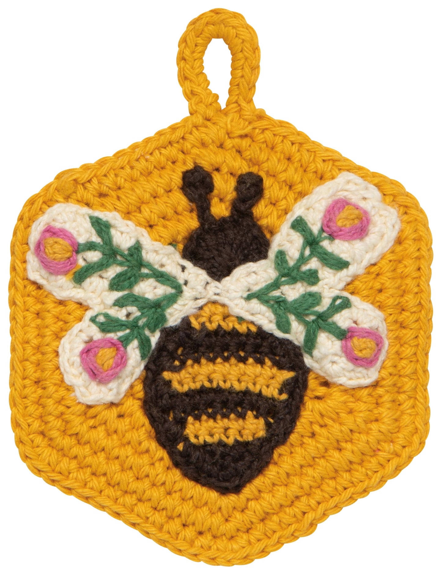 Now Designs Bee Garden Crochet Sponges Set of 2, Hand-Crocheted 100% Cotton, W4 x L4in, Artisanal Kitchen Scrubbing Sponges