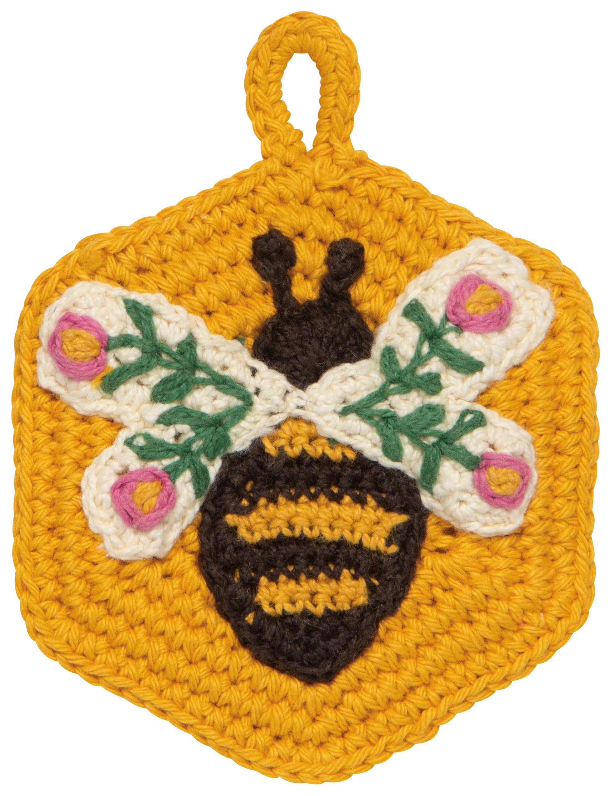 Now Designs Bee Garden Crochet Sponges Set of 2, Hand-Crocheted 100% Cotton, W4 x L4in, Artisanal Kitchen Scrubbing Sponges
