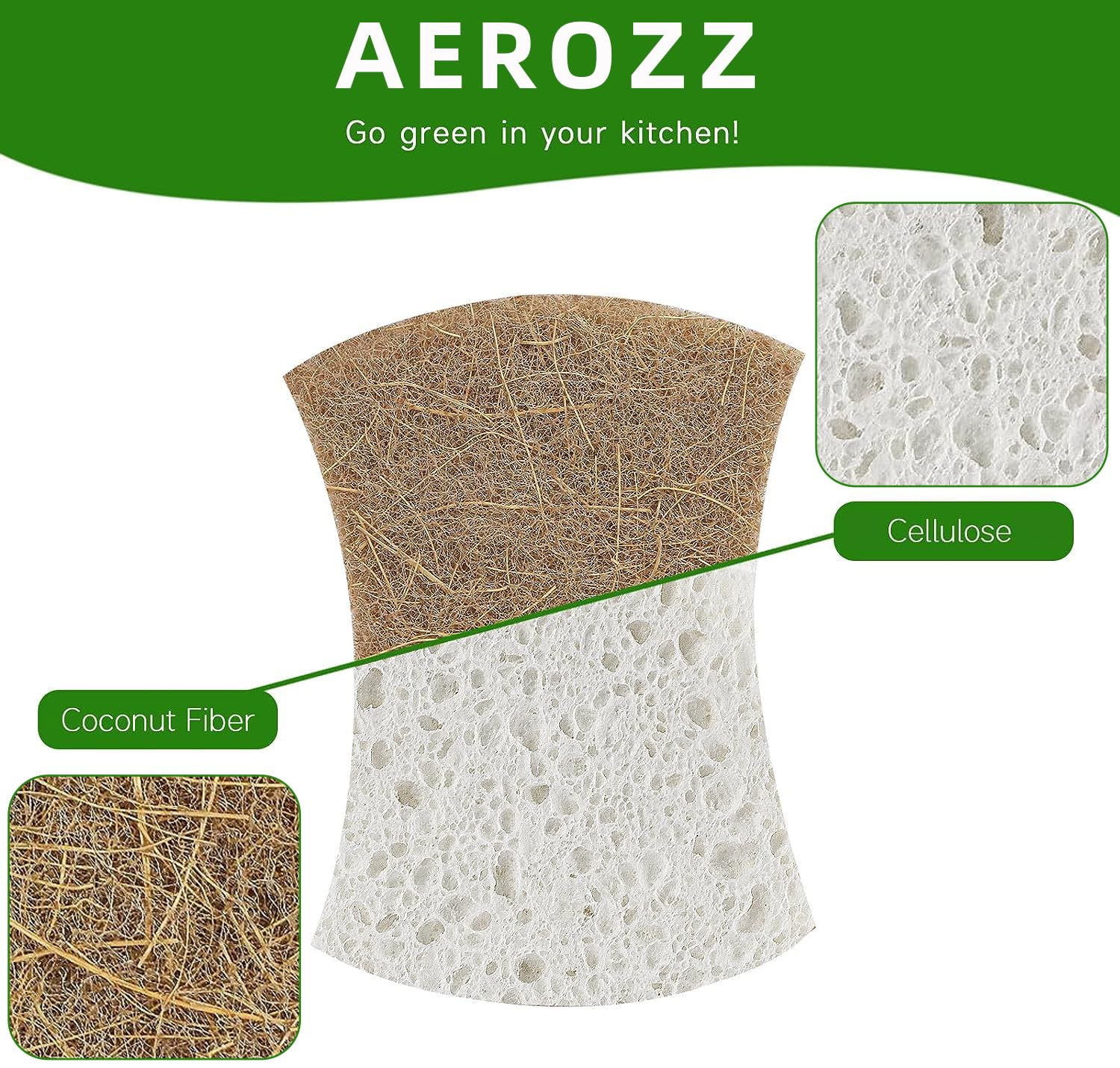 AEROZZ 10 Pack Biodegradable Natural Sponges Kitchen - Compostable Cellulose and Coconut Walnut Scrubber Sponge - Non Scratch Eco Friendly Quick