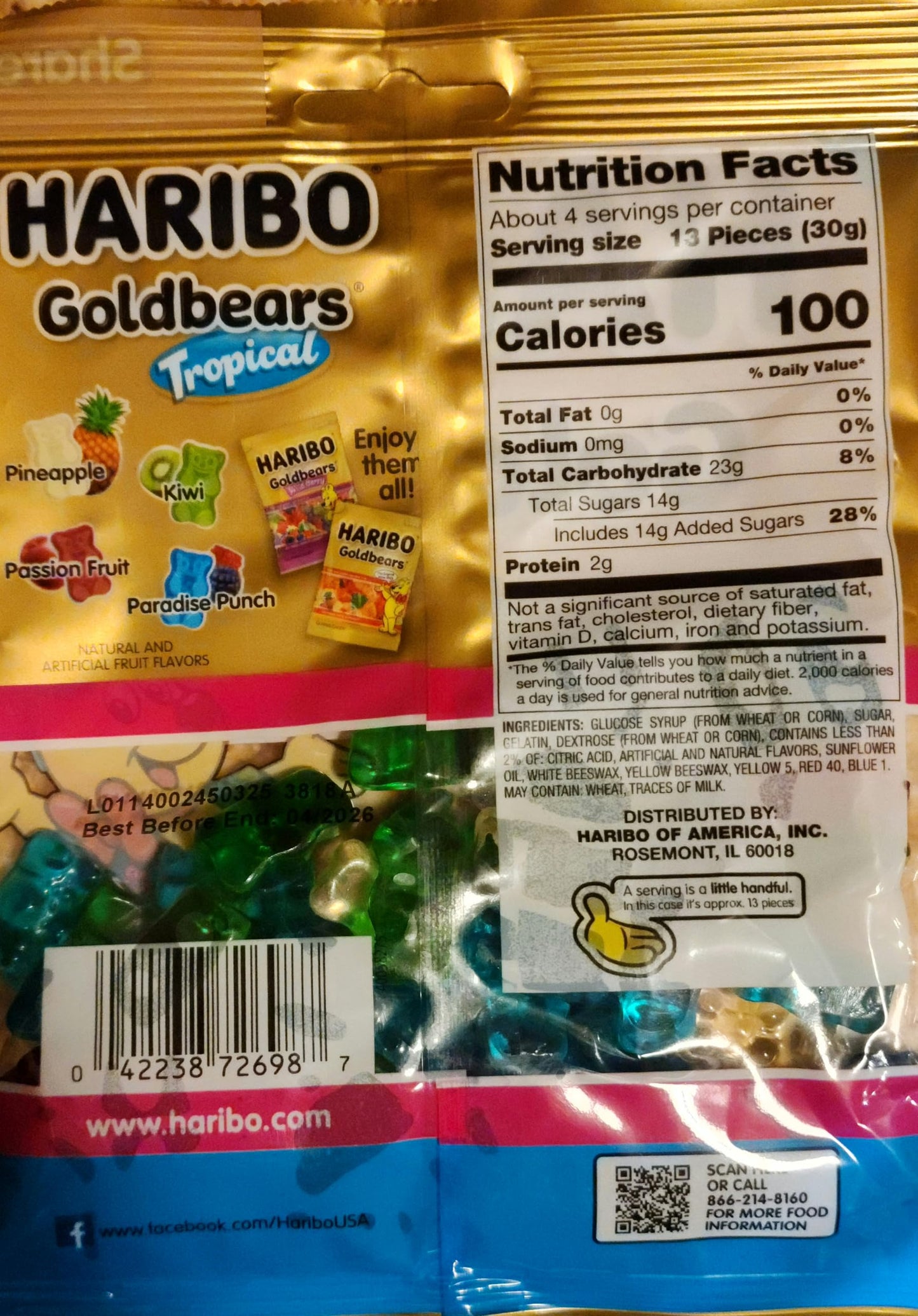 New Limited Edition Haribo Goldbears Gummi Bears Tropical Flavors: Pineapple, Kiwi, Passion Fruit, Paradise Punch. 4oz Share Size
