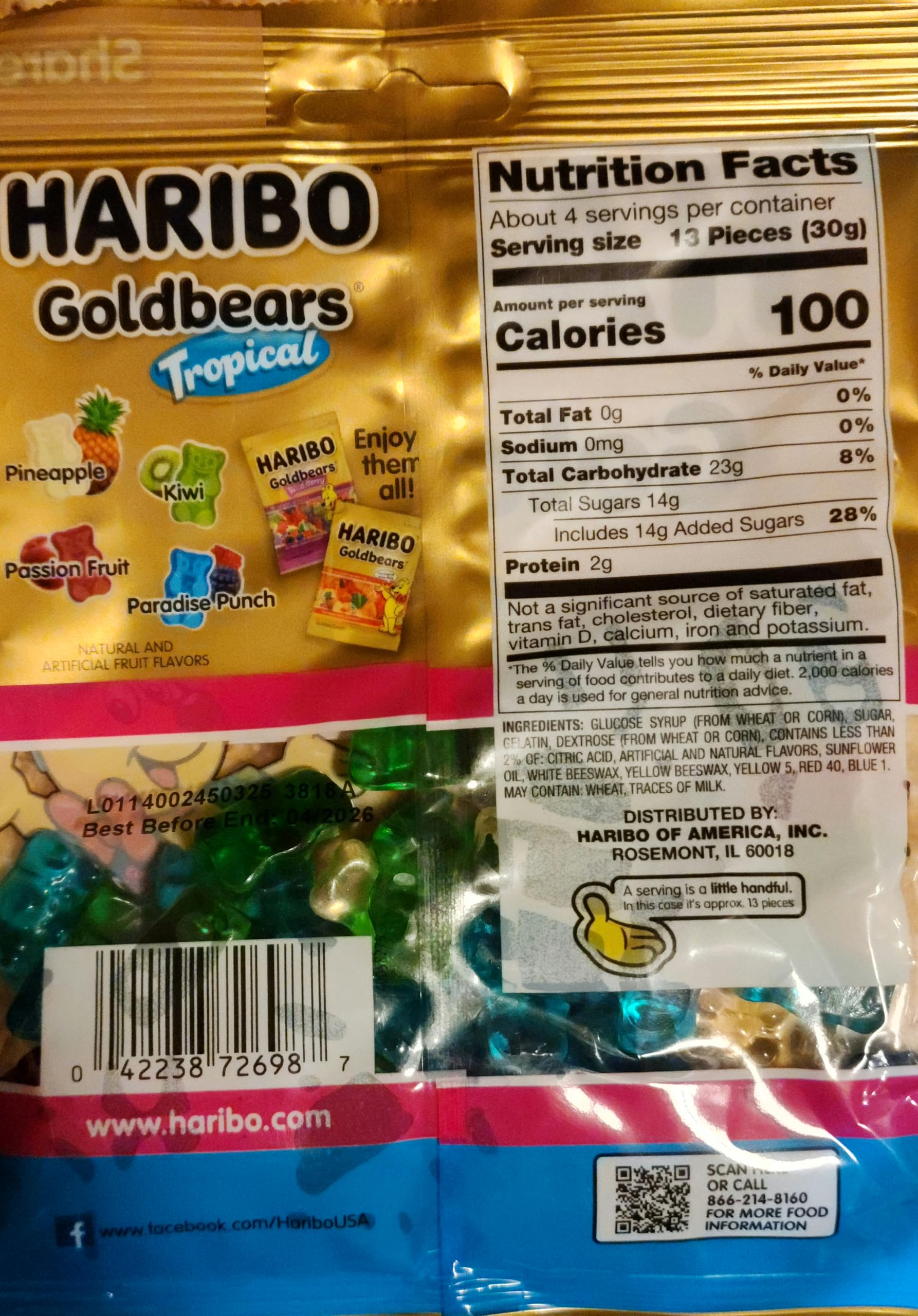 New Limited Edition Haribo Goldbears Gummi Bears Tropical Flavors: Pineapple, Kiwi, Passion Fruit, Paradise Punch. 4oz Share Size