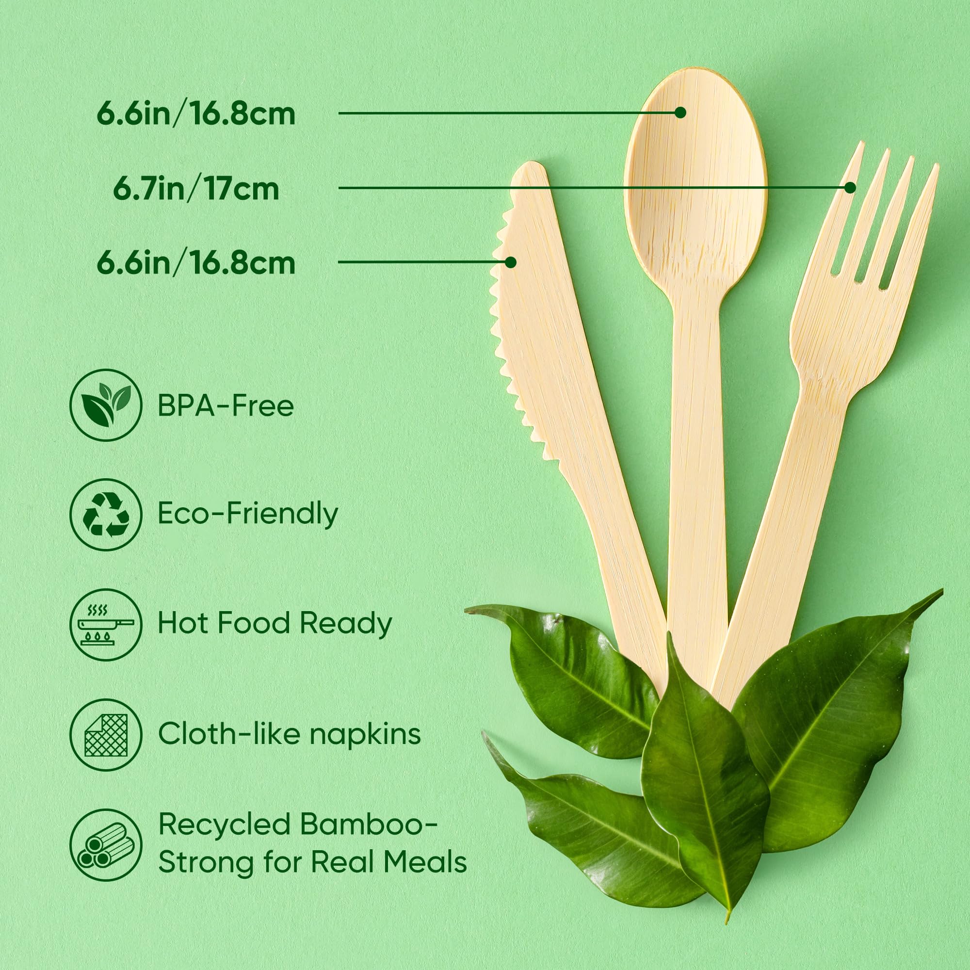 FEHHTO Napkin and Bamboo Cutlery Set, Compostable Utensils Disposable Cutlery for Party, Wedding, BBQ, Camping, Events-50 Pack (Forks, Knives, Spoons