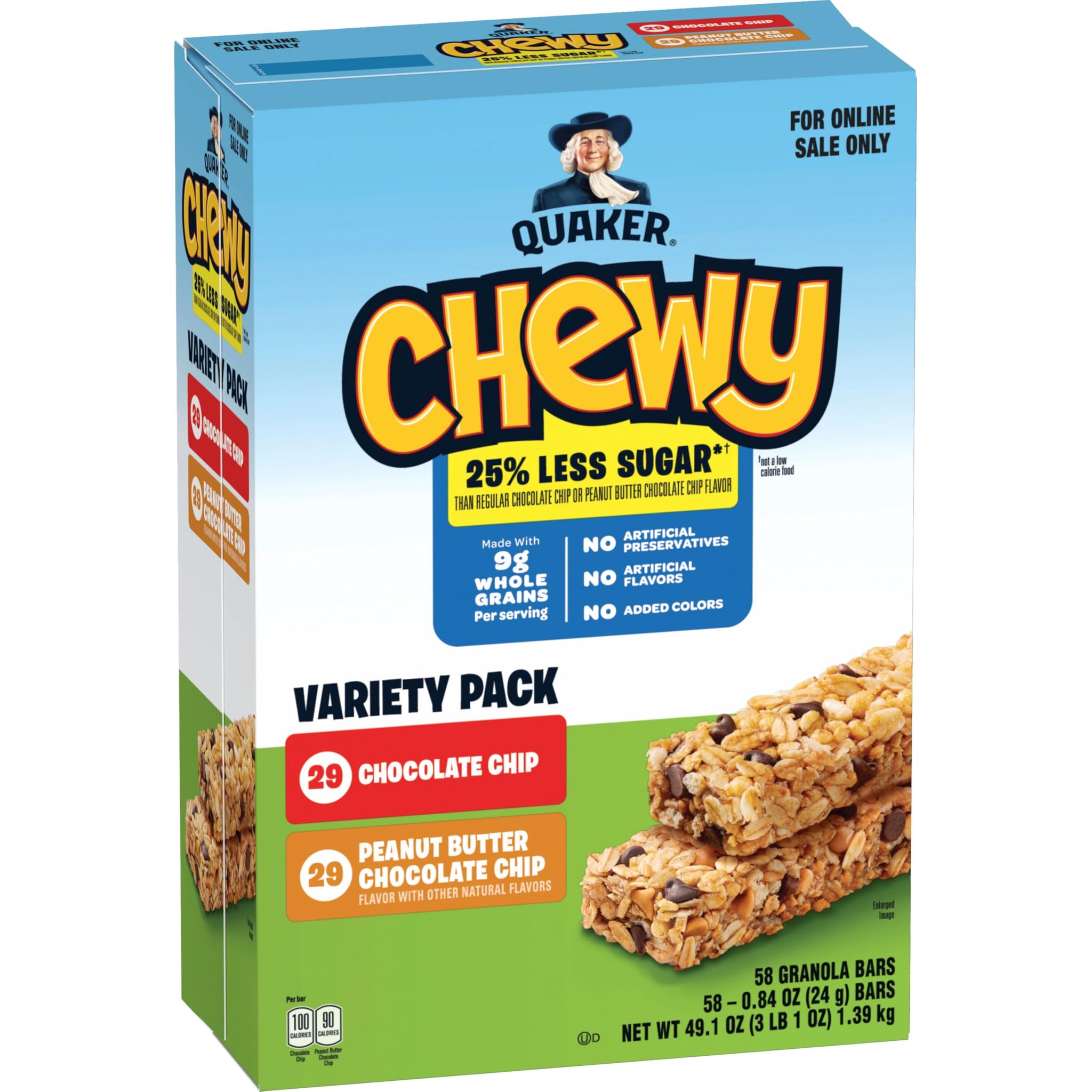 Quaker Chewy Granola Bars, 25% Less Sugar, 2 Flavor Variety, 58-Pack, Vegetarian