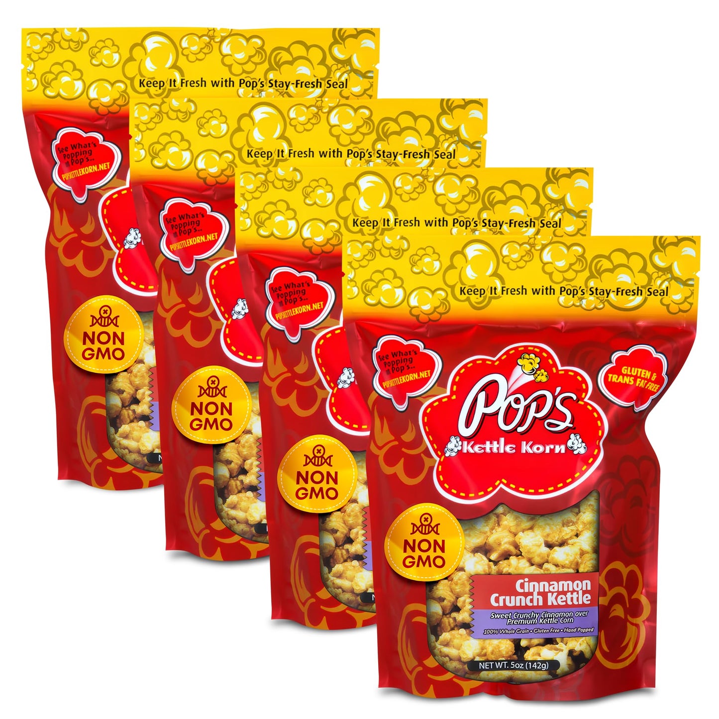 Pop's Kettle Korn- Cinnamon Crunch| 4-Pack Cinnamon Crunch- Gluten-Free, Whole Grain, Hand-Popped, Small