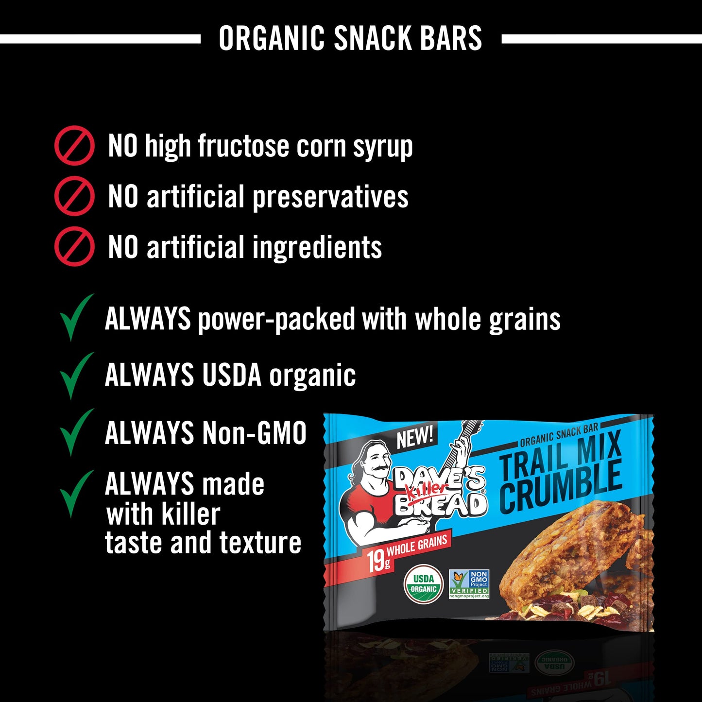 Dave's Killer Bread Trail Mix Crumble Organic Snack Bars, 4 Individually Wrapped Snack Bars
