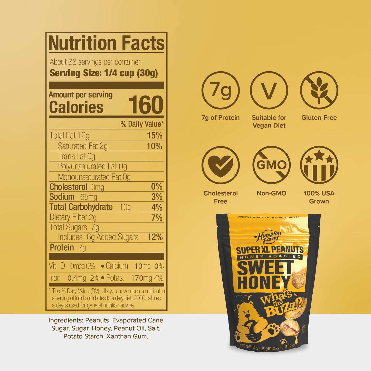 Hampton Farms - Super Extra-Large Sweet Honey Roasted Peanuts - 40 oz Resealable Bag - 2-Pack - Crunchy Glazed Snack for Charcuterie Boards, Lunches