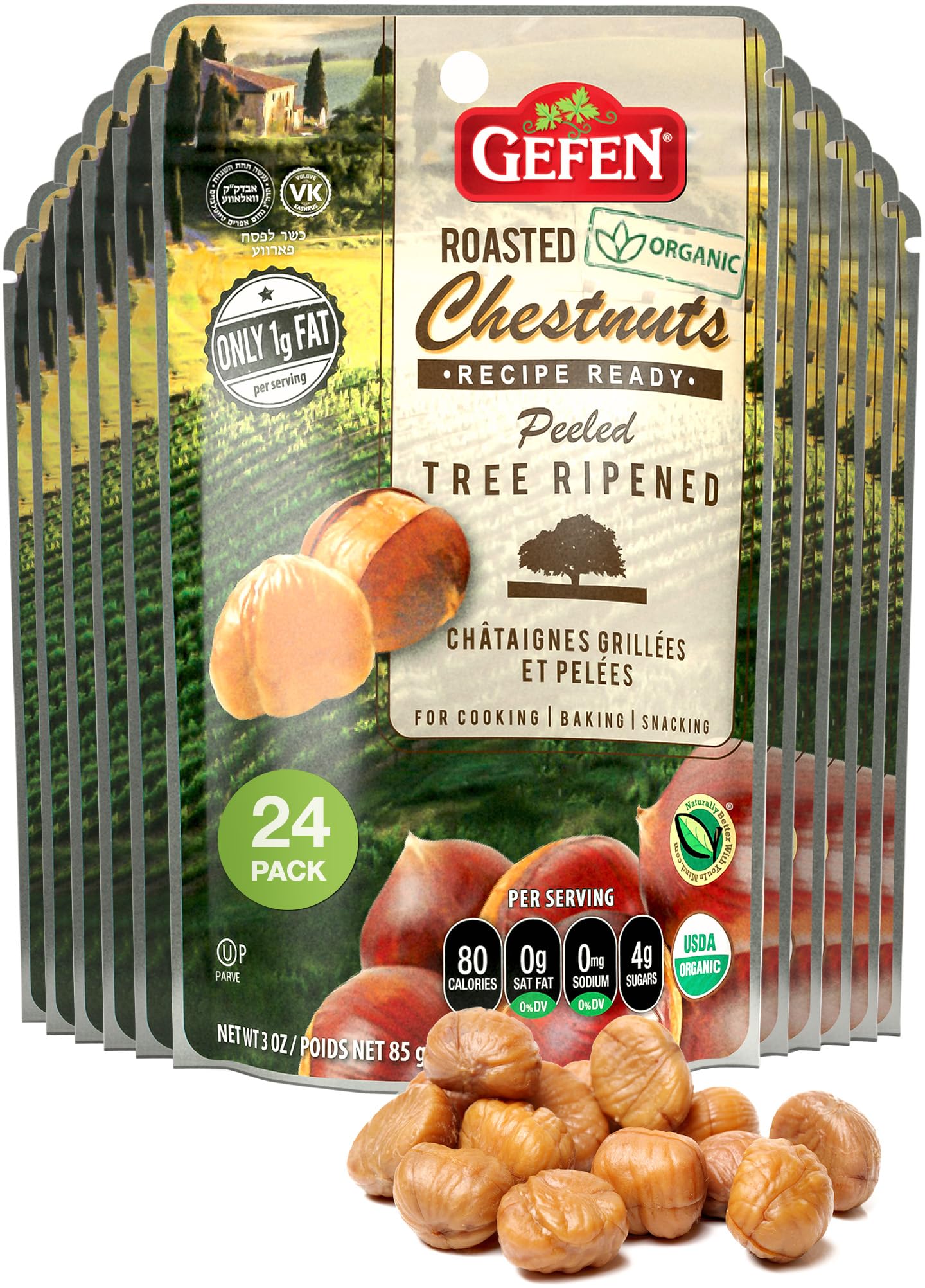 Gefen Organic Whole Peeled and Roasted Chestnuts, 3oz (24 Pack) | Chestnuts Peeled and Ready to Eat | Great for Cooking & Baking | Gluten Free |