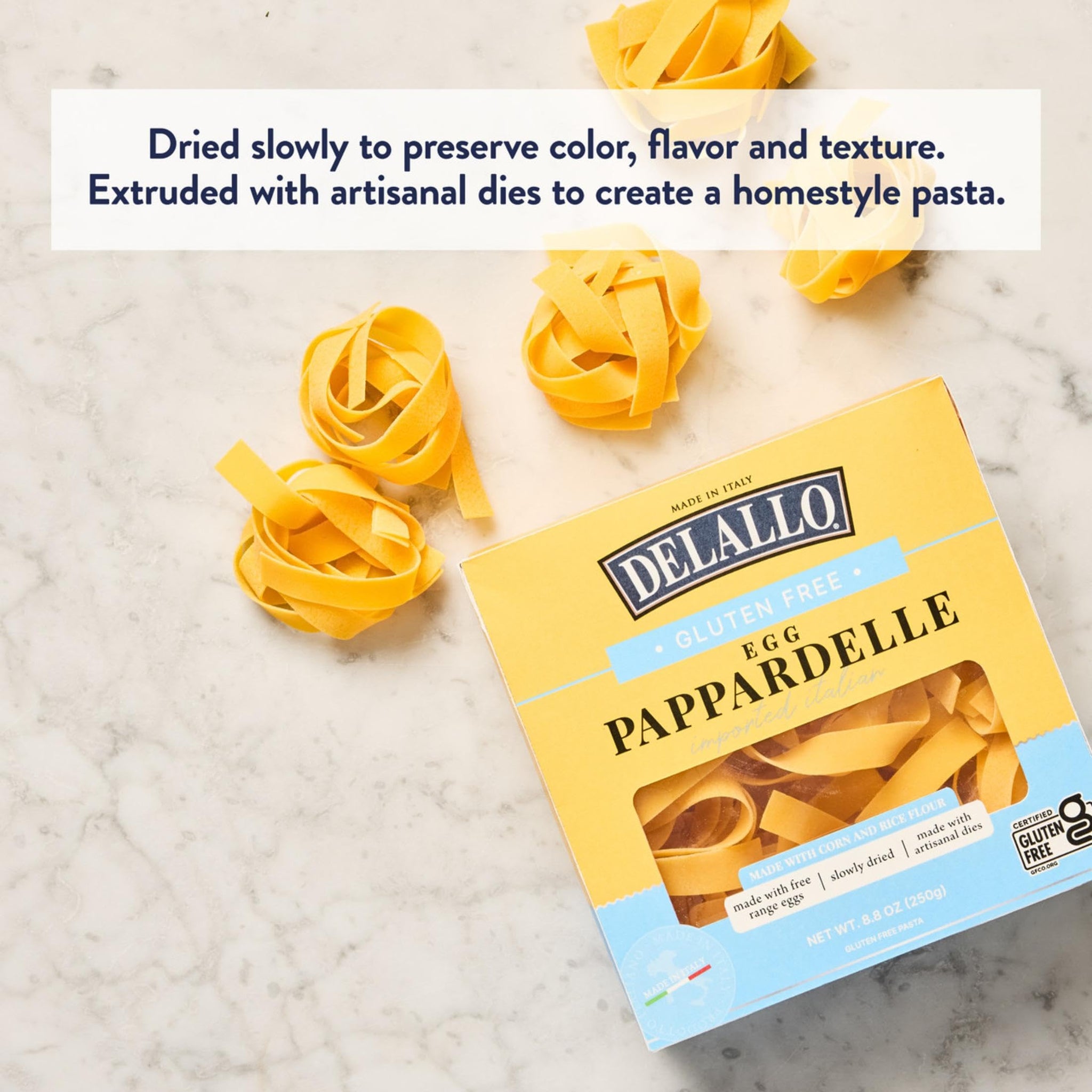 DeLallo Gluten-Free Pappardelle Pasta Nests, Made with Corn and Rice Flour and Farm Fresh Eggs, Made in Italy, Bronze Cut, Non-GMO, Wheat Free, 8.8 oz