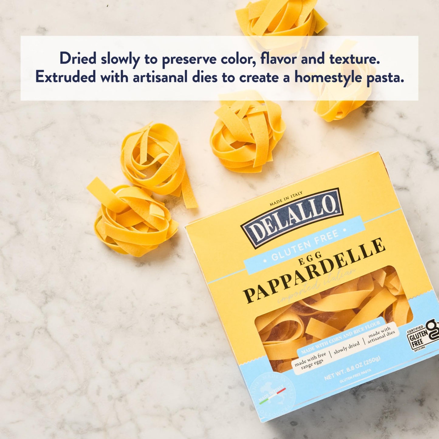 DeLallo Gluten-Free Pappardelle Pasta Nests, Made with Corn and Rice Flour and Farm Fresh Eggs, Made in Italy, Bronze Cut, Non-GMO, Wheat Free, 8.8 oz