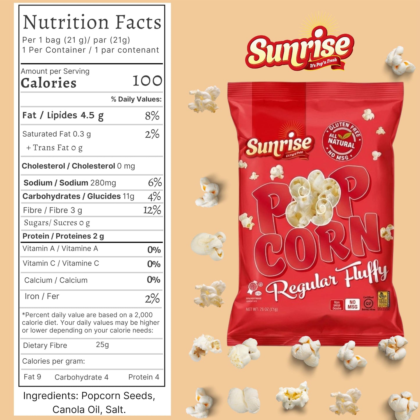 Sunrise Snacks Regular Fluffy Popcorn - Movie Theater Crunch, Gluten Free, Nut Free, Dairy Free, Kosher - Perfect for Home, Office, School, Travel