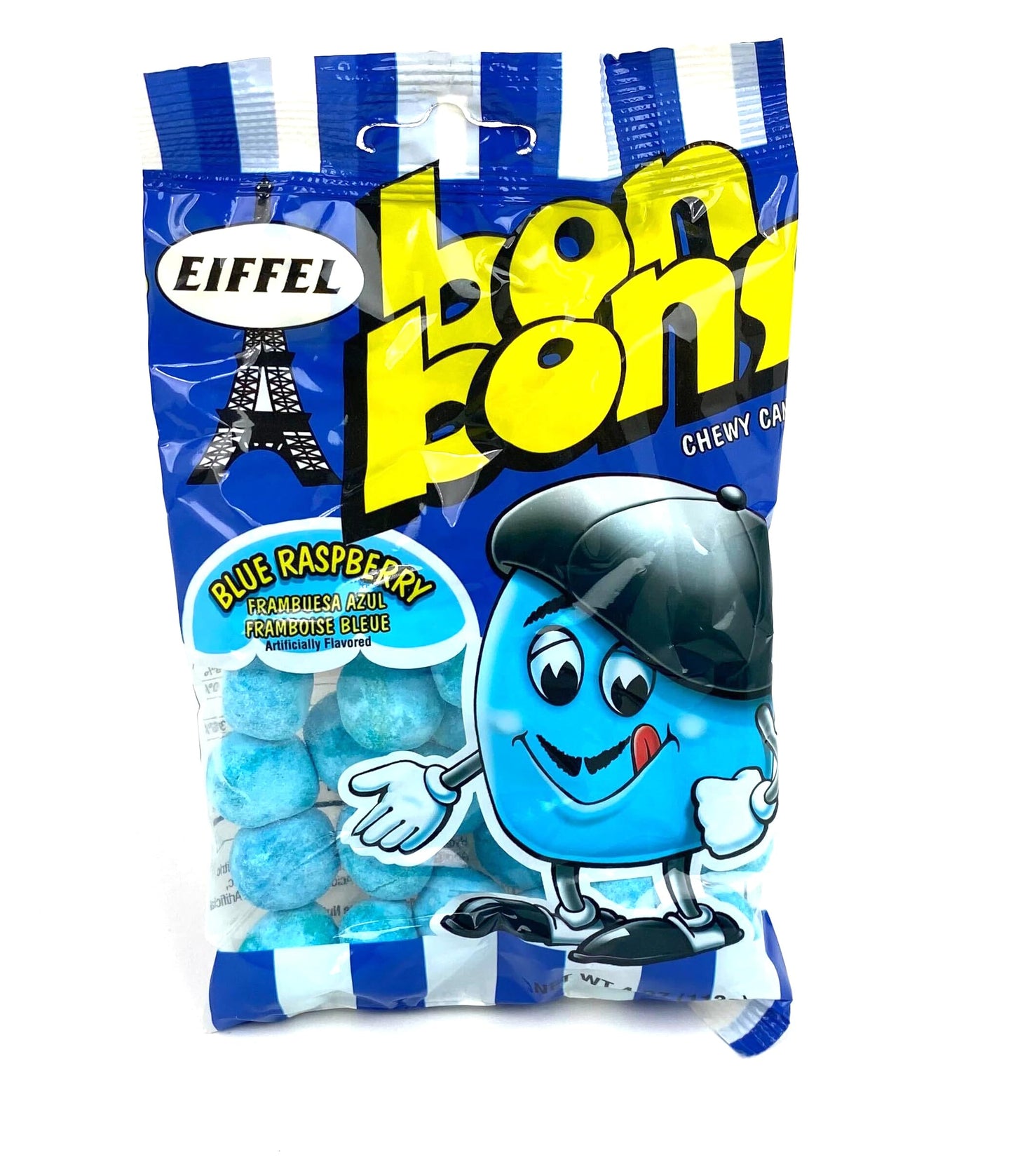 Eiffel Blue Raspberry Bon Bons Chewy Candy, 4 oz Bags in a BlackTie Box (Pack of 12)