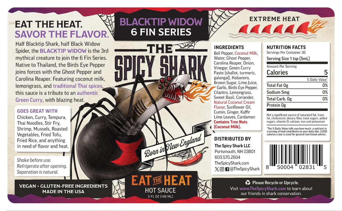 The Blacktip Widow part of the 6 fin series by The Spicy Shark - Made with Birds Eye, Ghost and the Carolina Reaper Pepper. Only for extreme heat
