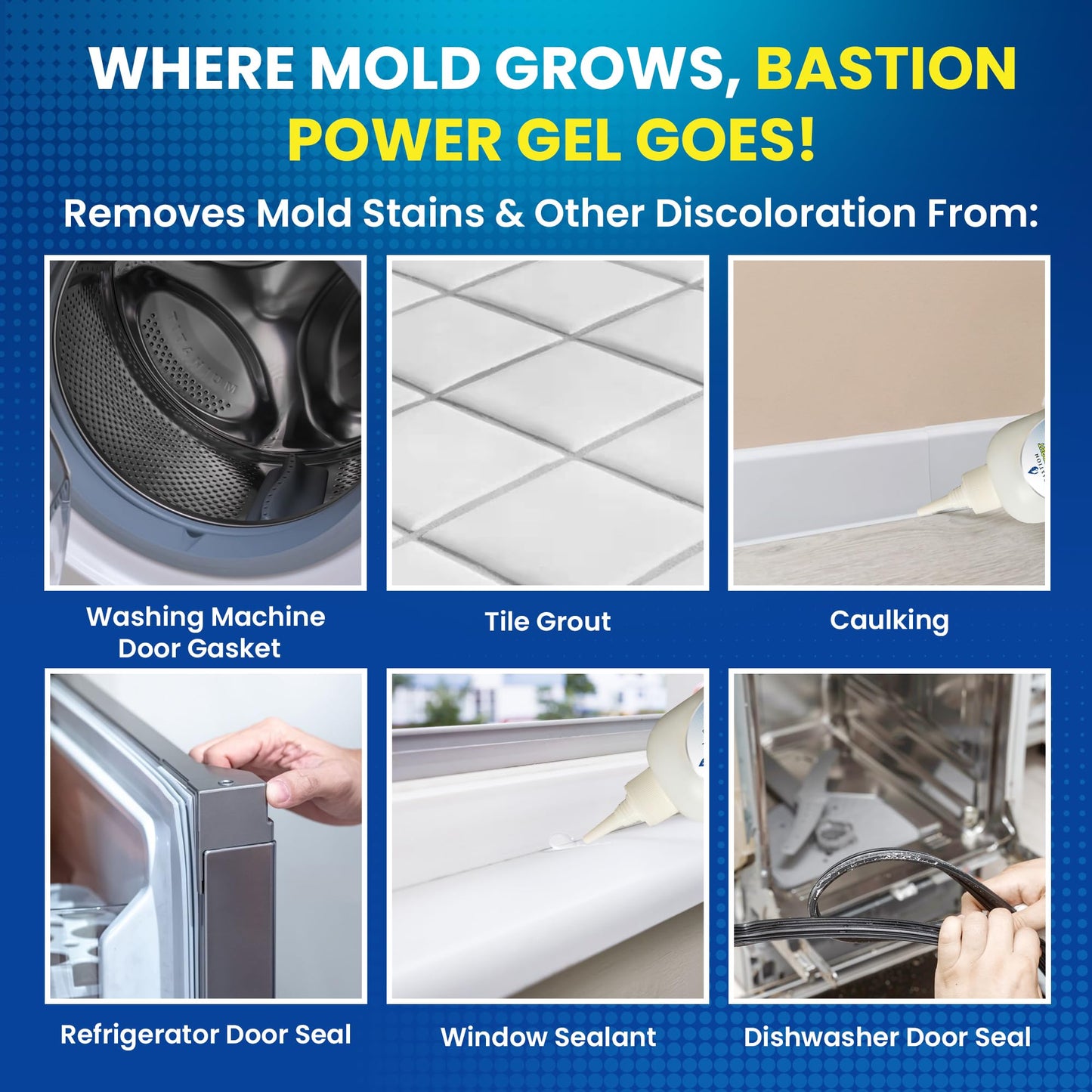 Bastion Mold Stain Remover Power Gel Cleaner Heavy Duty Cleaning Solution for Front Loader Washing Machine Seal, Bathroom Grout, Shower, Caulk (7 fl