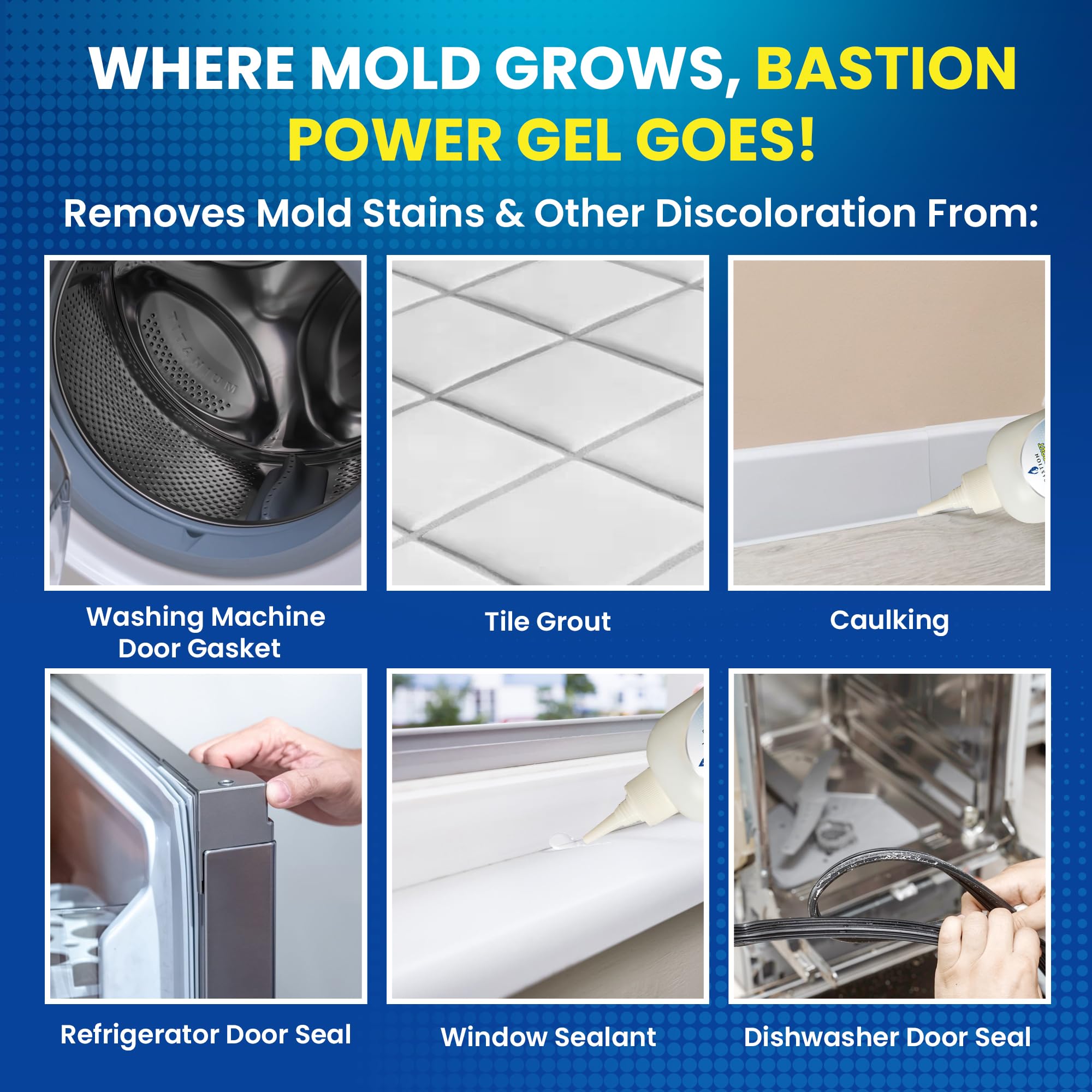Bastion Mold Stain Remover Power Gel Cleaner Heavy Duty Cleaning Solution for Front Loader Washing Machine Seal, Bathroom Grout, Shower, Caulk (7 fl