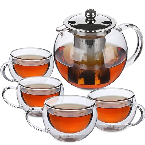 BTaT- Glass Tea Pot Set, Set of 4, Double Wall Glass Tea Cup and Kettle with Infuser