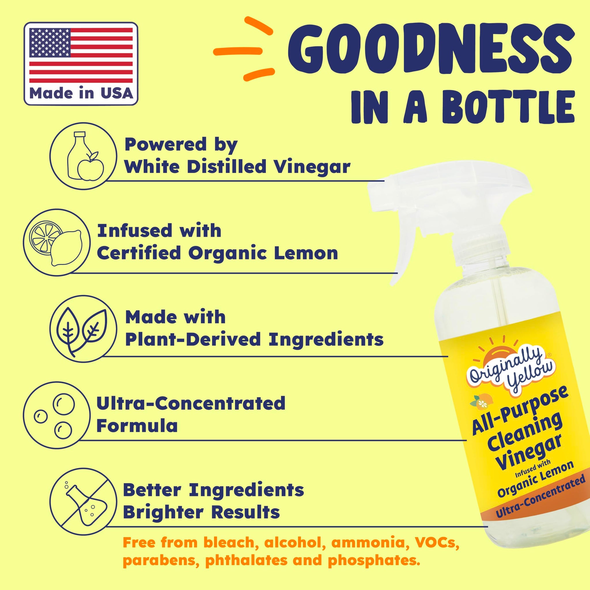 Originally Yellow Lemon Vinegar All Purpose Cleaning Spray | Distilled Cleaning Vinegar | Plant-Derived All Purpose Cleaner | Living Room, Bathroom