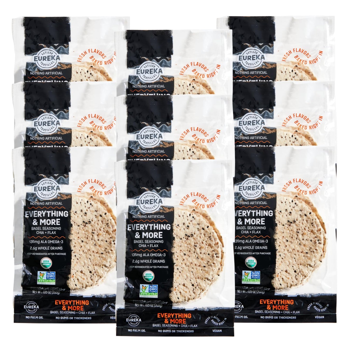 Eureka Tortilla Organic Everything & More Flour Tortillas | Organic Artisanal Tortillas | 6” Mini Wrap Whole Grains | Vegan, Non-GMO, Low Calorie | (9