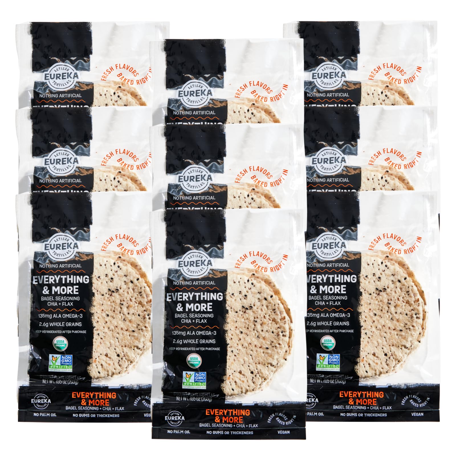 Eureka Tortilla Organic Everything & More Flour Tortillas | Organic Artisanal Tortillas | 6” Mini Wrap Whole Grains | Vegan, Non-GMO, Low Calorie | (9