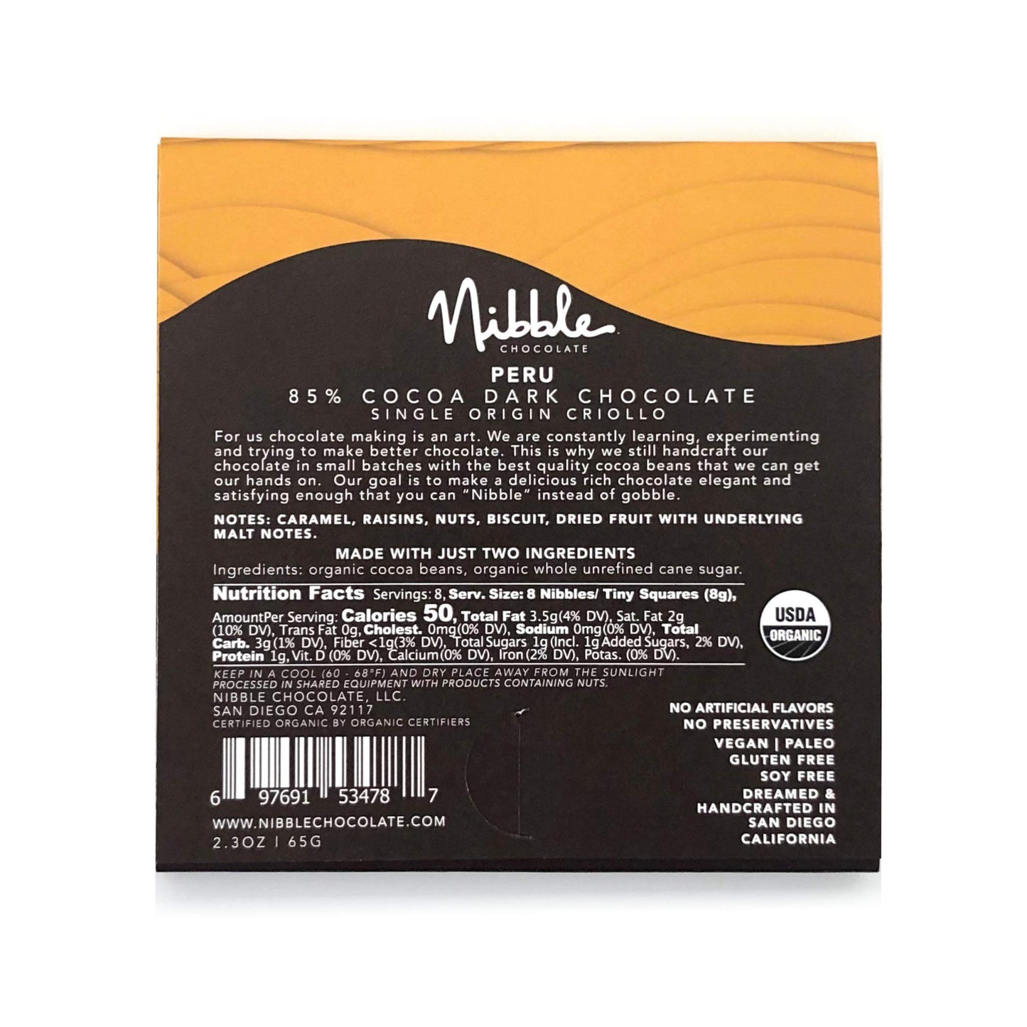 Nibble Chocolate Peru 85% | 3 Pack | Certified Organic | Vegan | 2 Ingredients | Gluten & Soy Free |