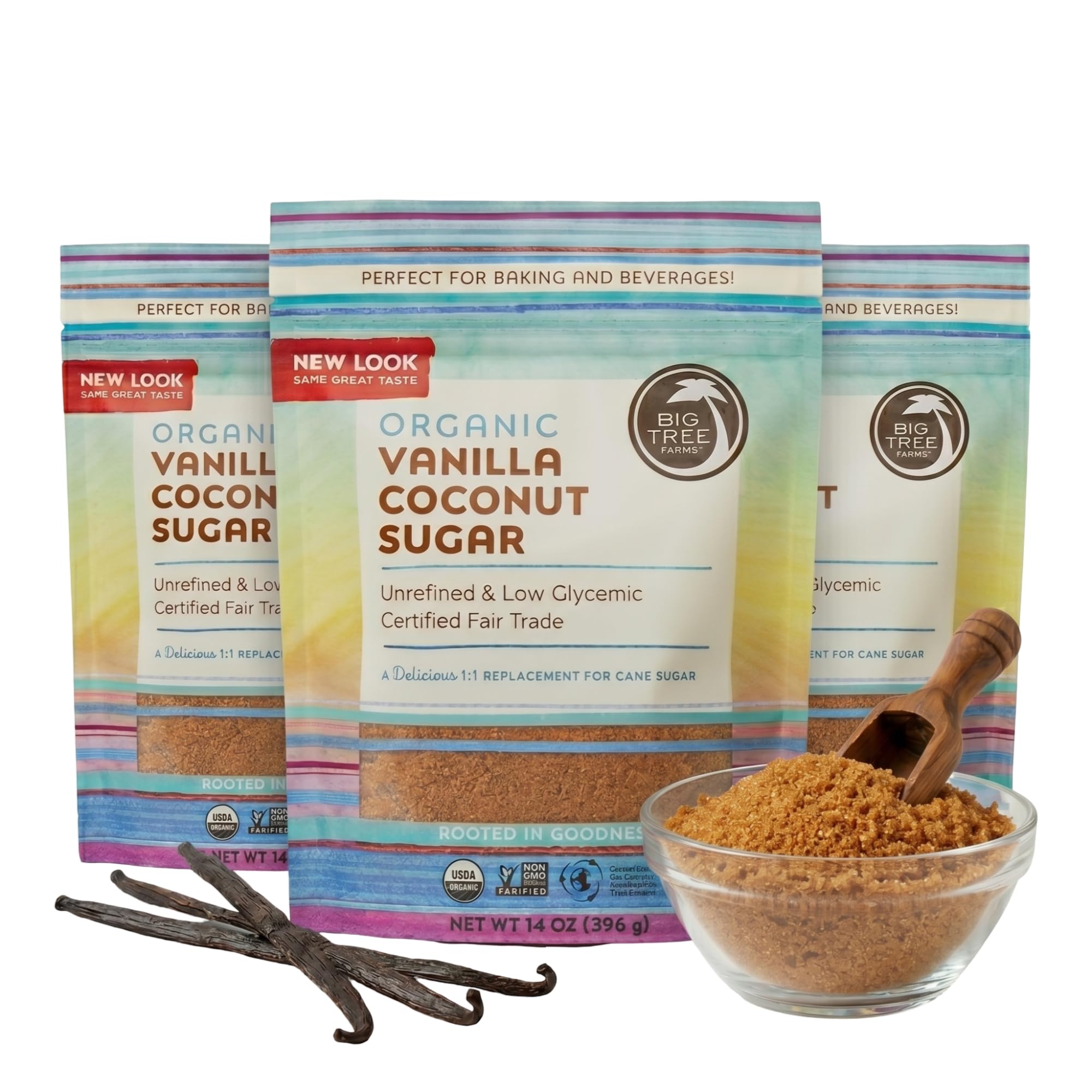 Big Tree Farms Organic Vanilla Coconut Sugar - Coconut Palm Sugar, Unrefined, Fine Crystals, Cane Sugar Replacement, Coconut Blossom Nectar, Vegan