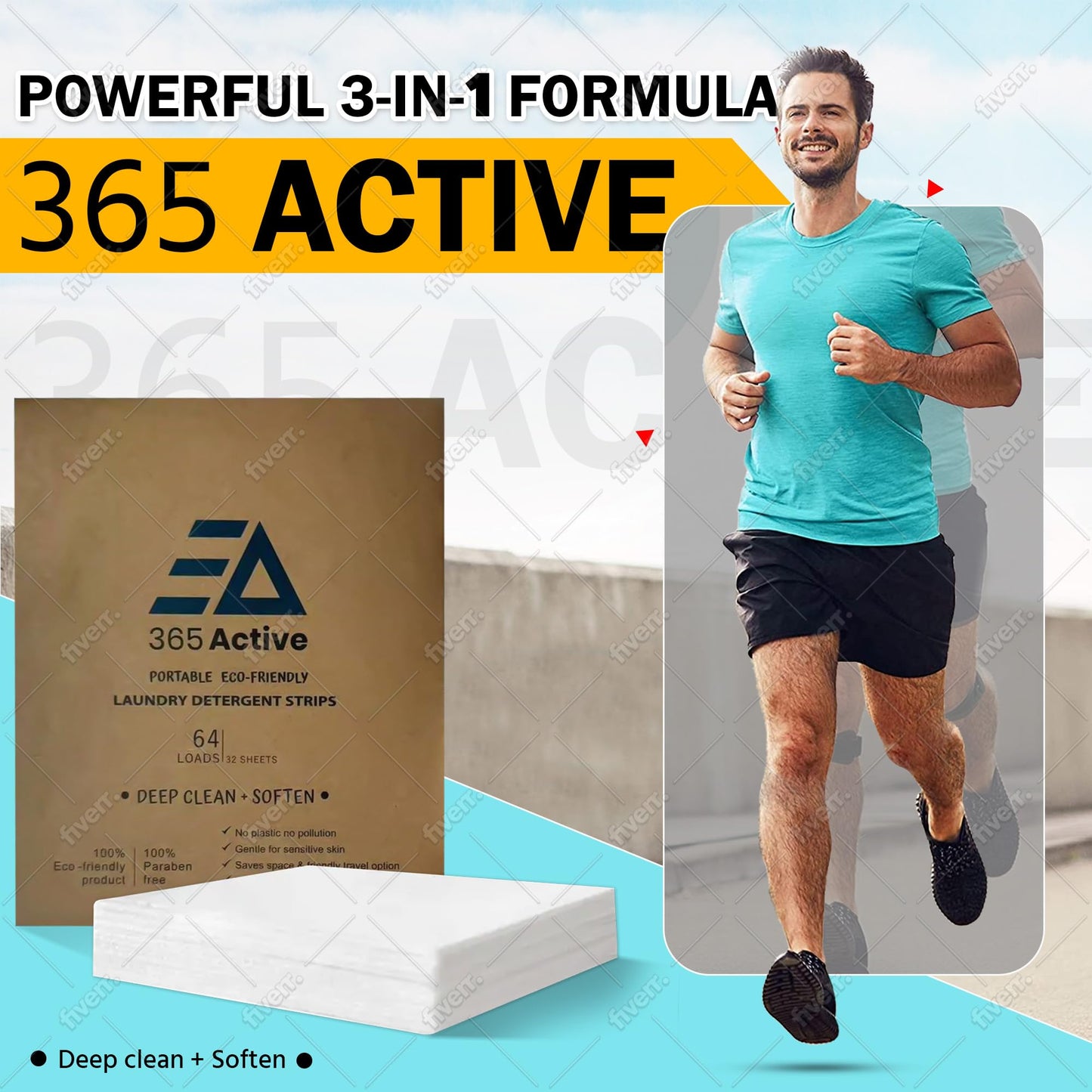 365 Active Eco-Friendly Portable Laundry Detergent Sheets - 3-in-1 Travel Laundry Strips for Gym, Camping, Backpacking - Plant-Based, Zero-Waste