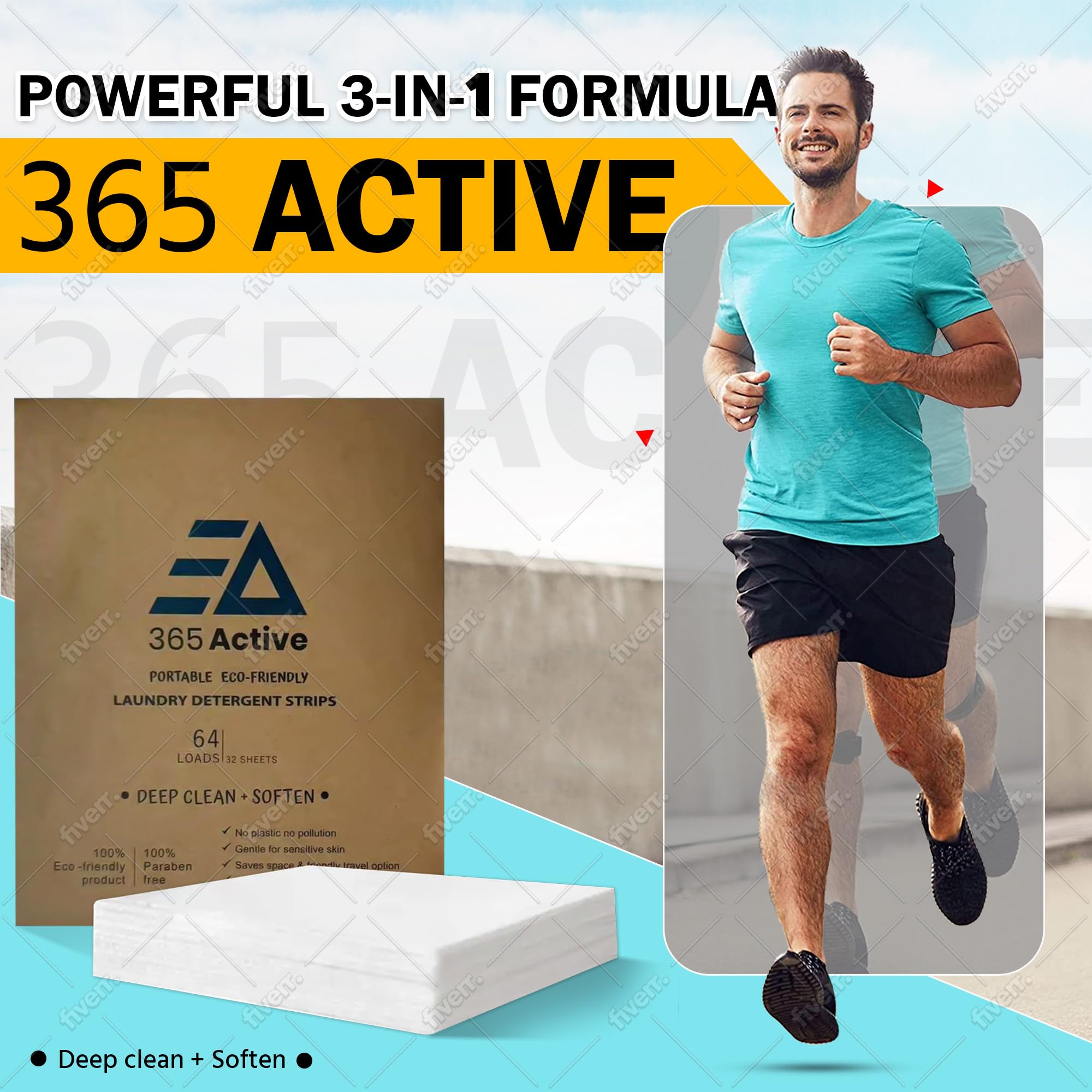 365 Active Eco-Friendly Portable Laundry Detergent Sheets - 3-in-1 Travel Laundry Strips for Gym, Camping, Backpacking - Plant-Based, Zero-Waste