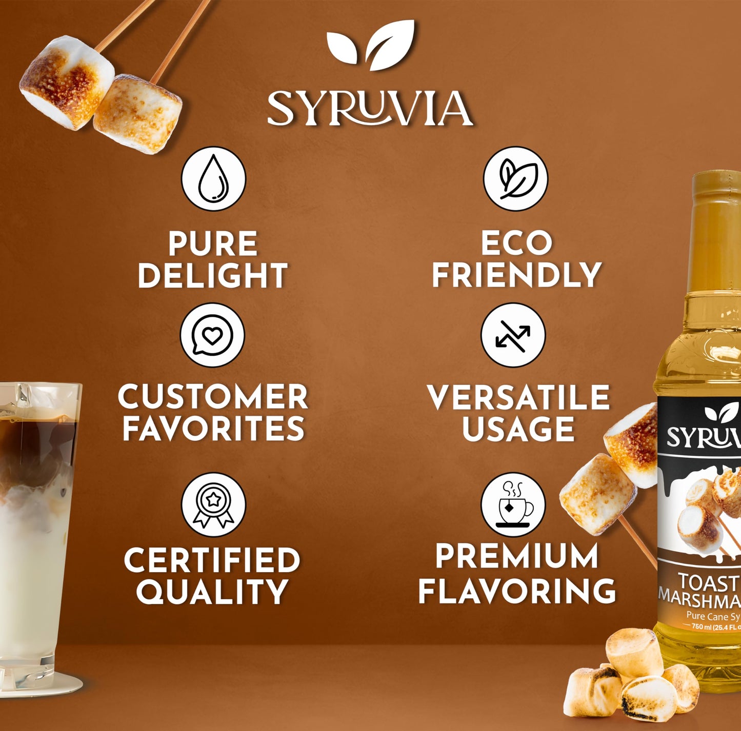 Syruvia Coffee Syrup, Toasted Marshmallow Flavored Syrup for Drinks, Lattes, and Desserts - 25.4 fl oz, With Pump