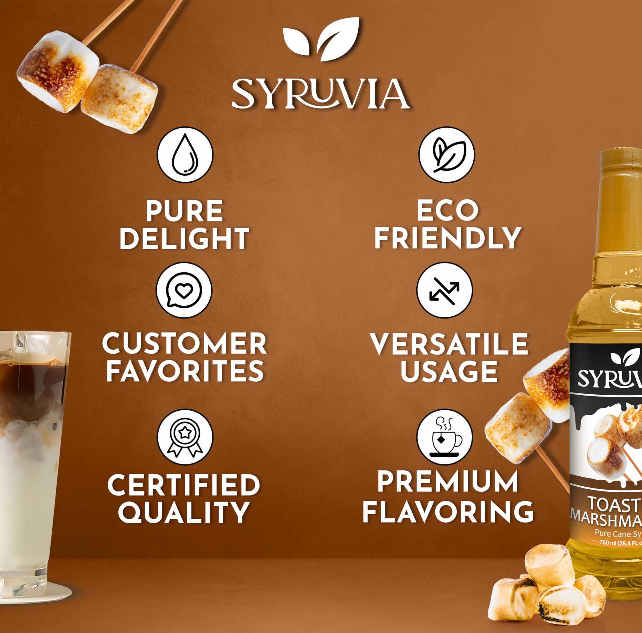 Syruvia Coffee Syrup, Toasted Marshmallow Flavored Syrup for Drinks, Lattes, and Desserts - 25.4 fl oz, With Pump