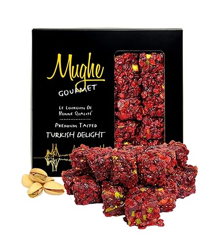 Mughe Gourmet Luxury Zereshk Barberry Pistachios Turkish Delight with Pomegranate Flavor 360g-20pc - Gourmet Gift Box - Sweet and Sour Zereshk Grape