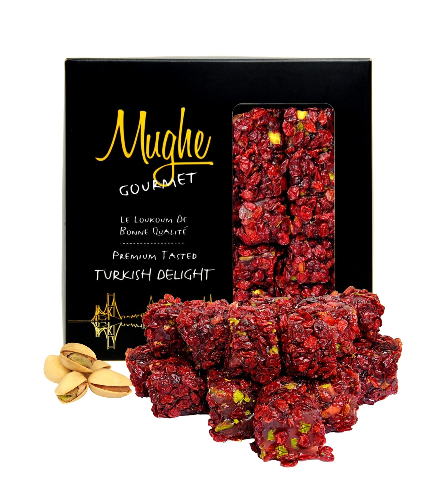 Mughe Gourmet Luxury Zereshk Barberry Pistachios Turkish Delight with Pomegranate Flavor 360g-20pc - Gourmet Gift Box - Sweet and Sour Zereshk Grape