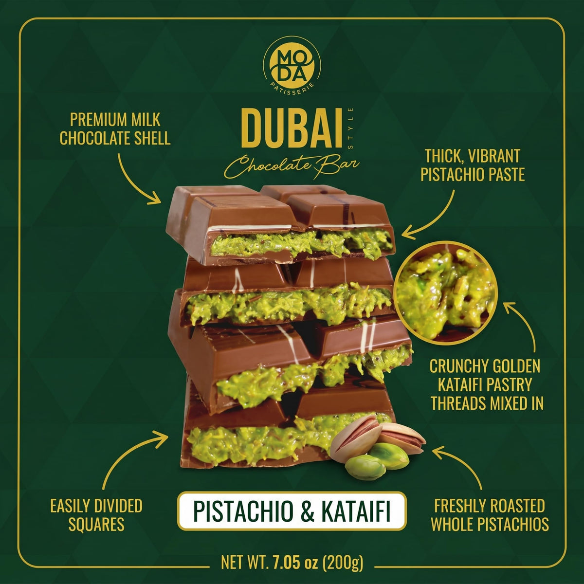 Moda Dubai Chocolate Bar - Premium Milk Chocolate with Pistachio Cream & Crispy Kataifi Filling, Gourmet Dubai Style Chocolate, Authentic Middle