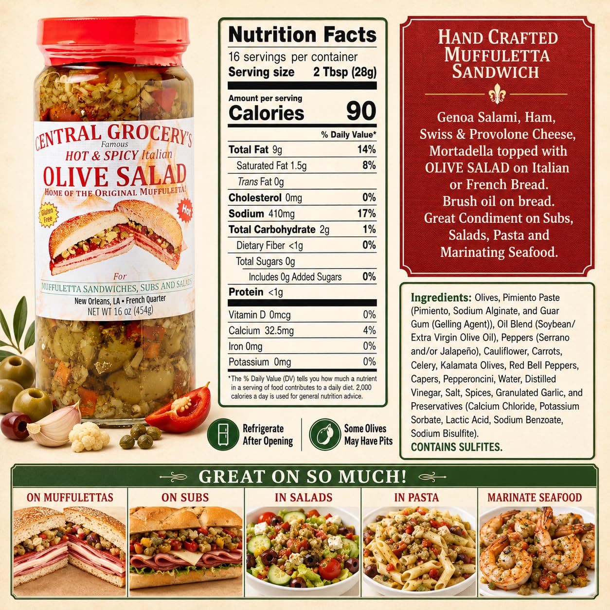 Central Grocery Hot & Spicy Olive Salad 16 oz, Authentic New Orleans Italian Olive Salad, Spicy Muffuletta Sandwich Spread, Olive Vegetable Relish