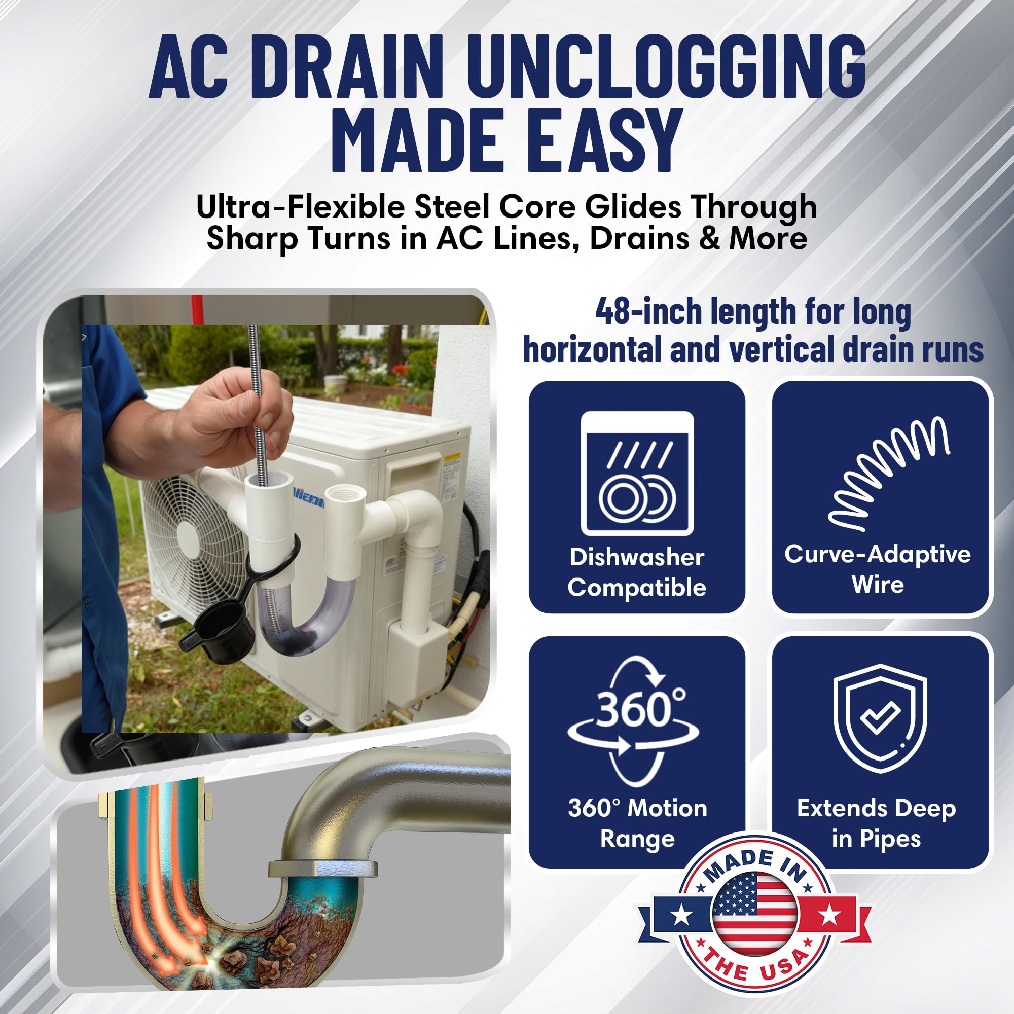 48" Flexible Tube Brush - Long Pipe Snake for Sink - AC Condensate Line Cleaning - Flexible Pipe Cleaner Brush for Hair, Food & Clog Removal - Cleaner