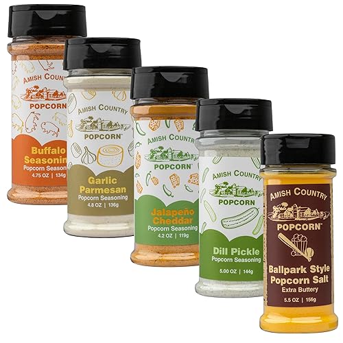 Amish Country Popcorn | 5 Pack Seasoning Bundle | Buffalo, Garlic Parmesan, Jalepeno Cheddar, Dill Pickle, BallPark Buttersalt | Old Fashioned