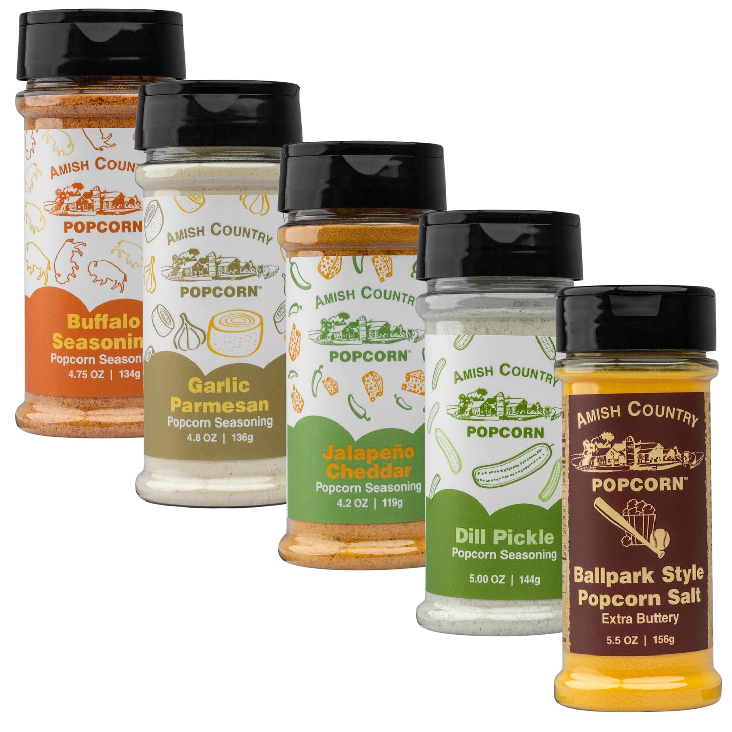 Amish Country Popcorn | 5 Pack Seasoning Bundle | Buffalo, Garlic Parmesan, Jalepeno Cheddar, Dill Pickle, BallPark Buttersalt | Old Fashioned