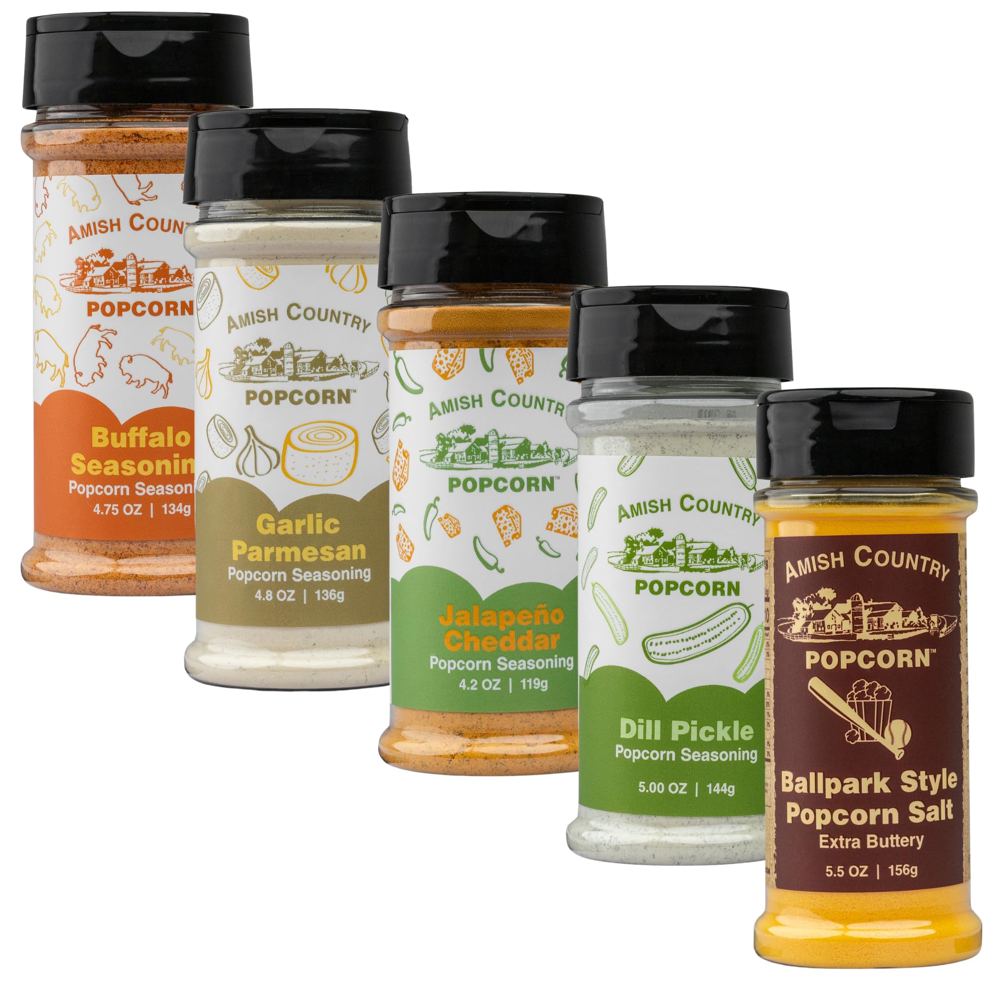Amish Country Popcorn | 5 Pack Seasoning Bundle | Buffalo, Garlic Parmesan, Jalepeno Cheddar, Dill Pickle, BallPark Buttersalt | Old Fashioned